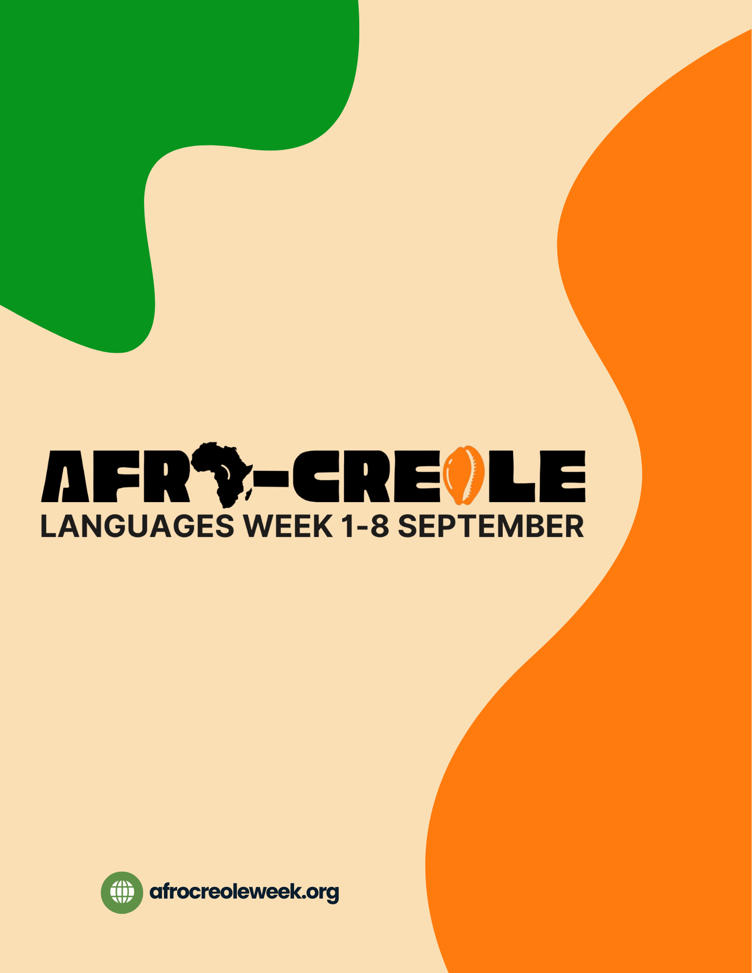 A colorful promotional poster for Afro Latinx Heritage and Culture Week, occurring from September 1-8, with bold abstract shapes in green, orange, and beige, and the event website afrocreoleweek.org at the bottom.