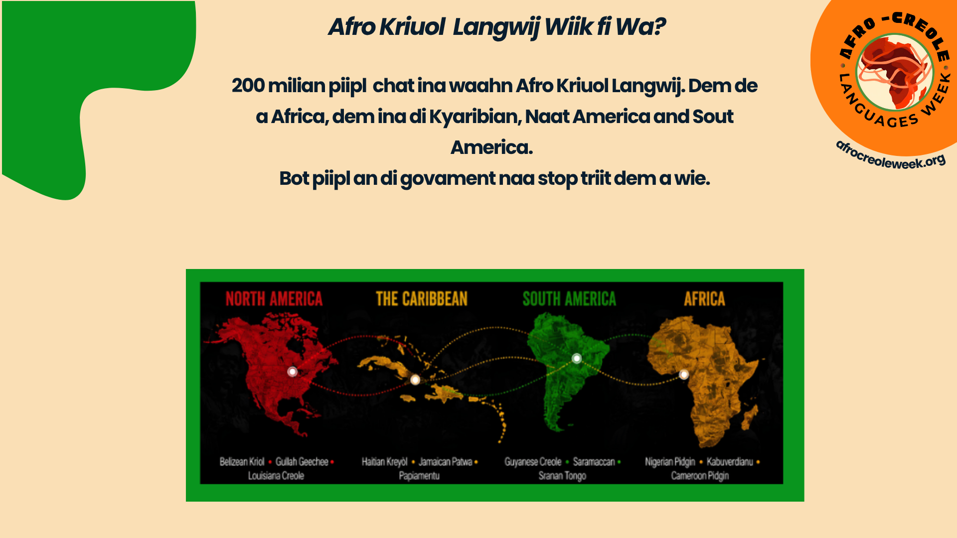 An infographic about African languages, featuring a map with color-coded regions for North America, the Caribbean, South America, and Africa, with a logo for Afro Creole Languages Week.