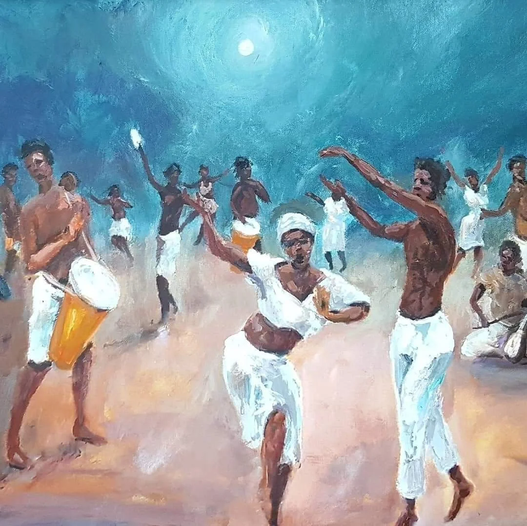 A vibrant painting of people dancing and celebrating after sunset, with some playing musical instruments, under a glowing moonlit sky.
