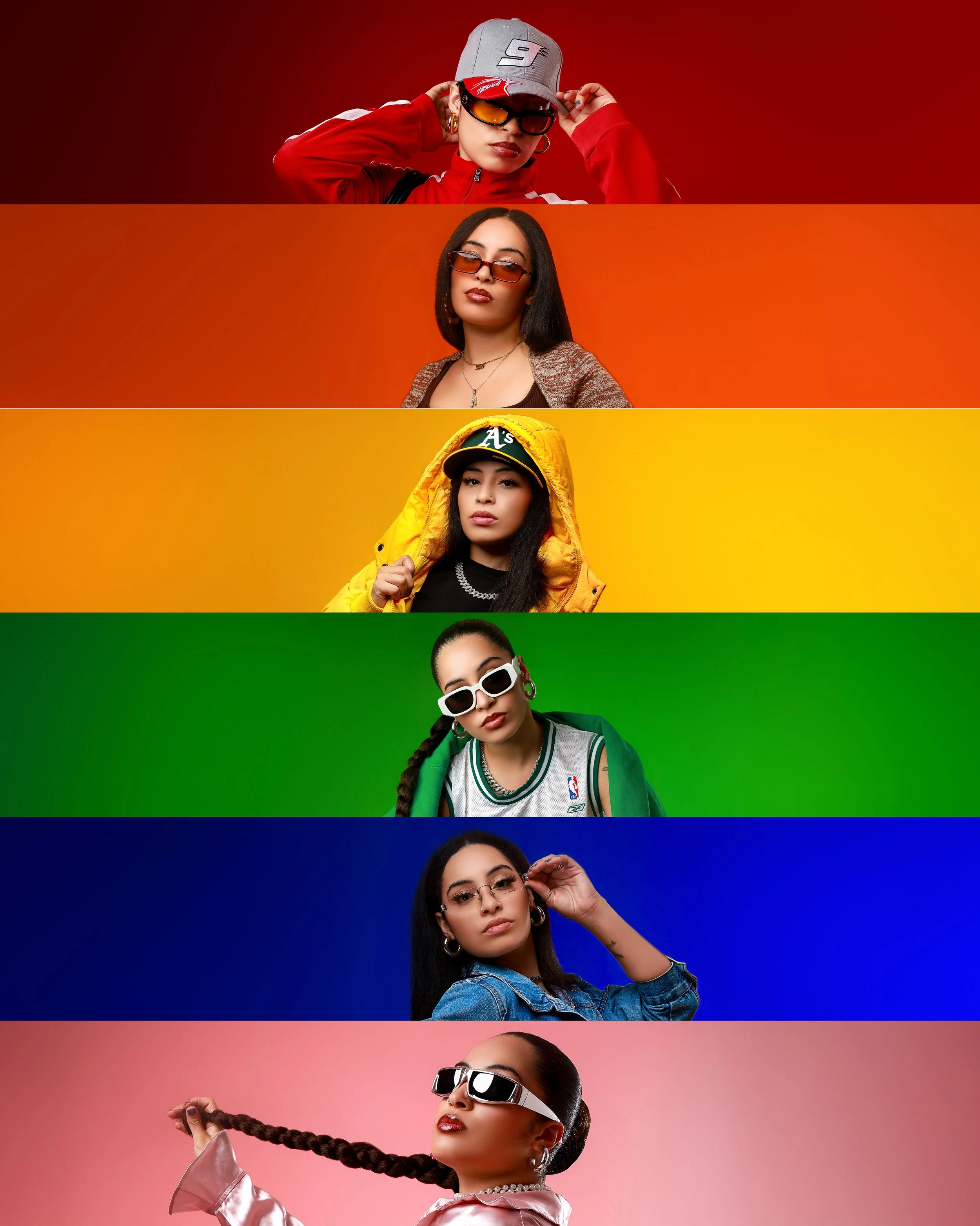 A collage of six women each in different vibrant color backgrounds, showcasing diverse fashion styles. The women wear trendy sunglasses and unique outfits, reflecting individuality and modern fashion trends.