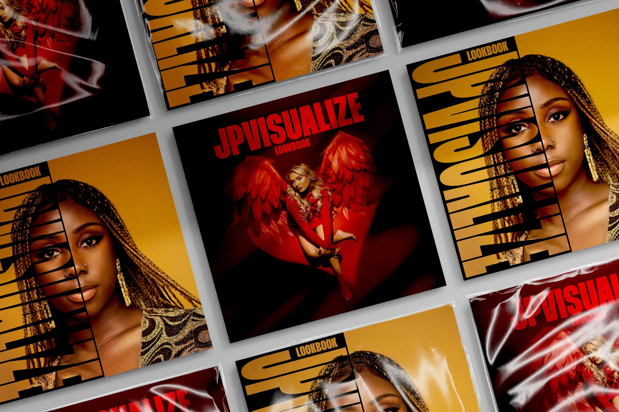 Multiple copies of a magazine cover featuring a woman with braided hair, wearing glasses, with a yellow background and the text 'LOOKBOOK' and 'JPV100' in bold.