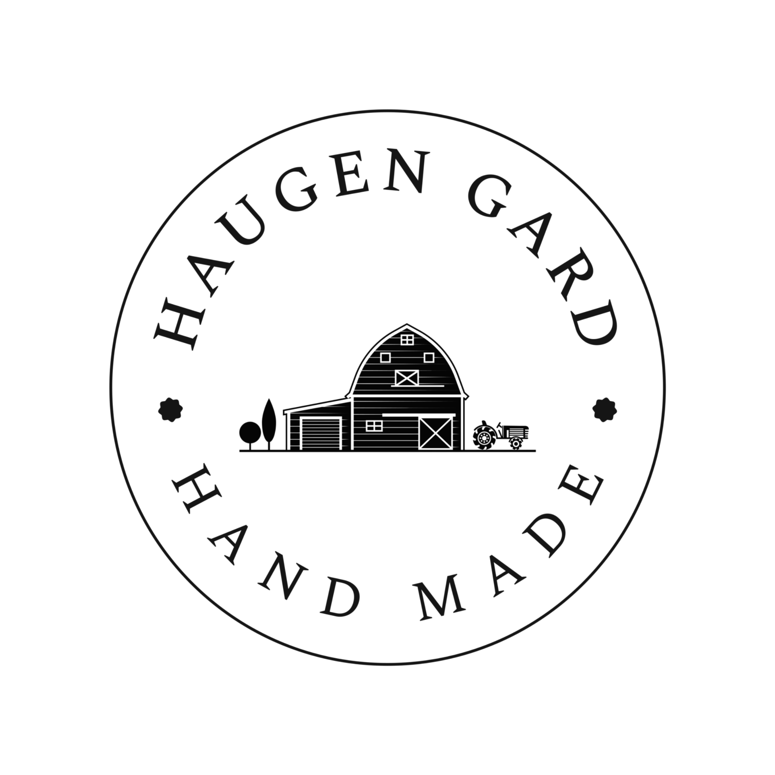 En svart logo tilhøyrande Haugen Garden, med illustrasjon av ein gård.