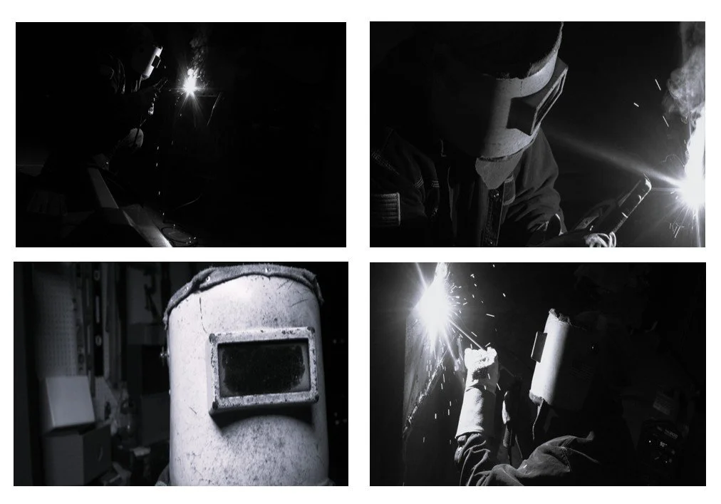 Four black-and-white photographs arranged in a two-by-two grid. Three images show a welder at work with bright welding sparks and flame, while one close-up focuses on the welder's helmet and protective gear.