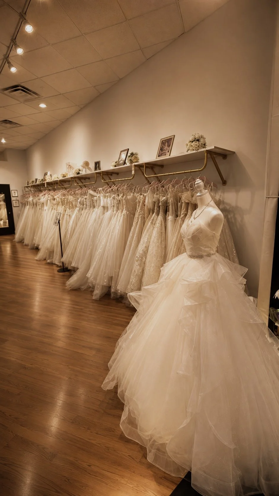A bridal boutique display of elegant wedding gowns hanging on a rack, with a mannequin dressed in a voluminous wedding dress in the foreground, and framed photos and floral arrangements on a shelf above.
