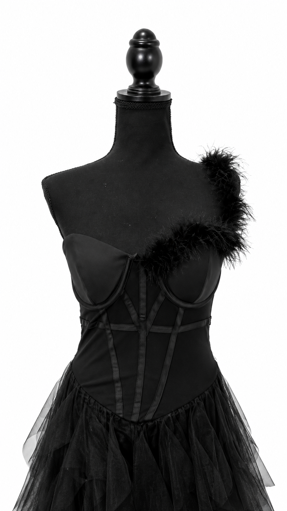 Black Feather Trim Corset Tulle Gown
