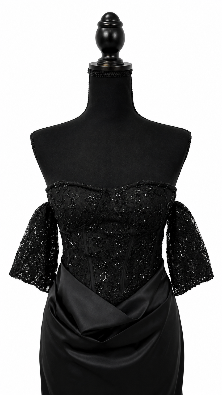 Black Off-Shoulder Lace Corset Satin Gown