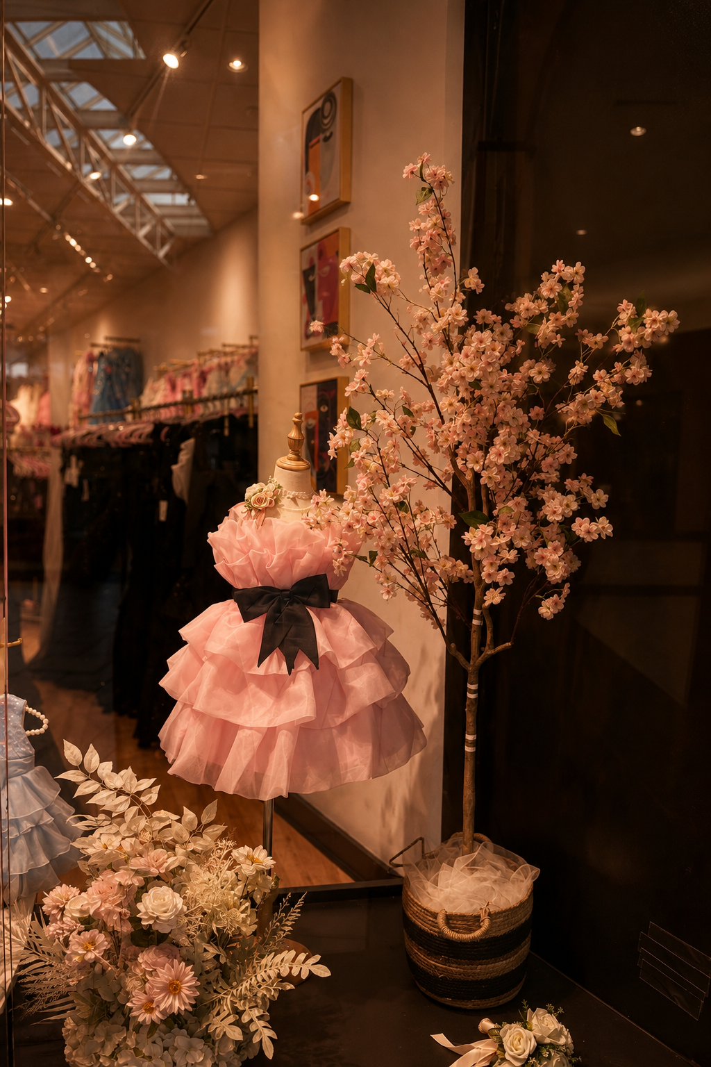 A pink tiered dress on a mannequin with a black bow, pink cherry blossom branches in a basket, and floral arrangements in a store display.