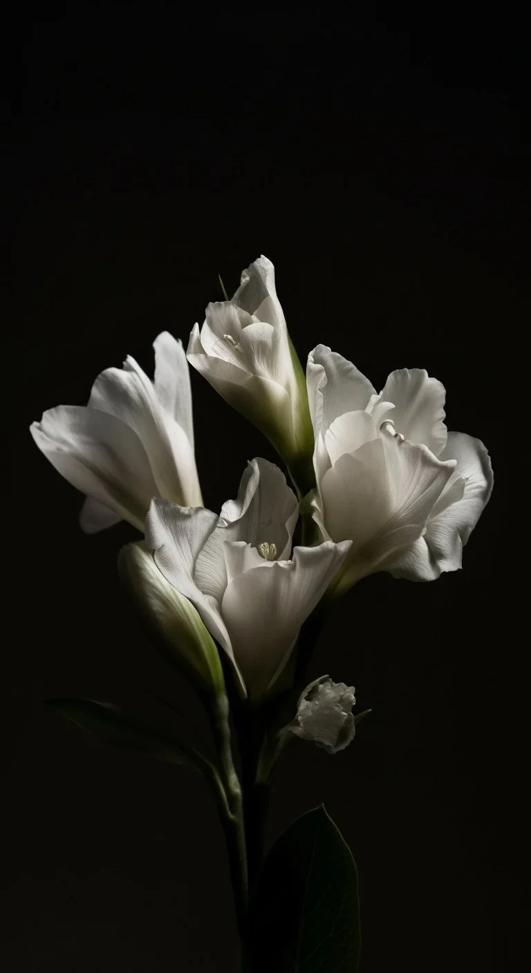 A white flower with multiple petals against a dark background.
