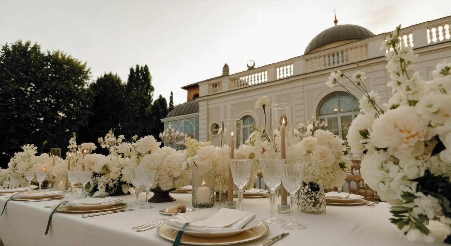Elegantly set outdoor wedding reception table decorated with white flowers, candles, and glassware, in front of a grand historic building with domed roofs and arched windows, during golden hour.
