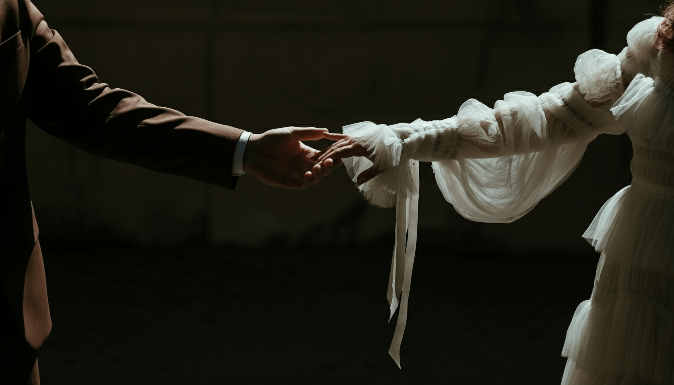 A person in a suit holding hands with a person in a white, ruffled dress, against a dark background.