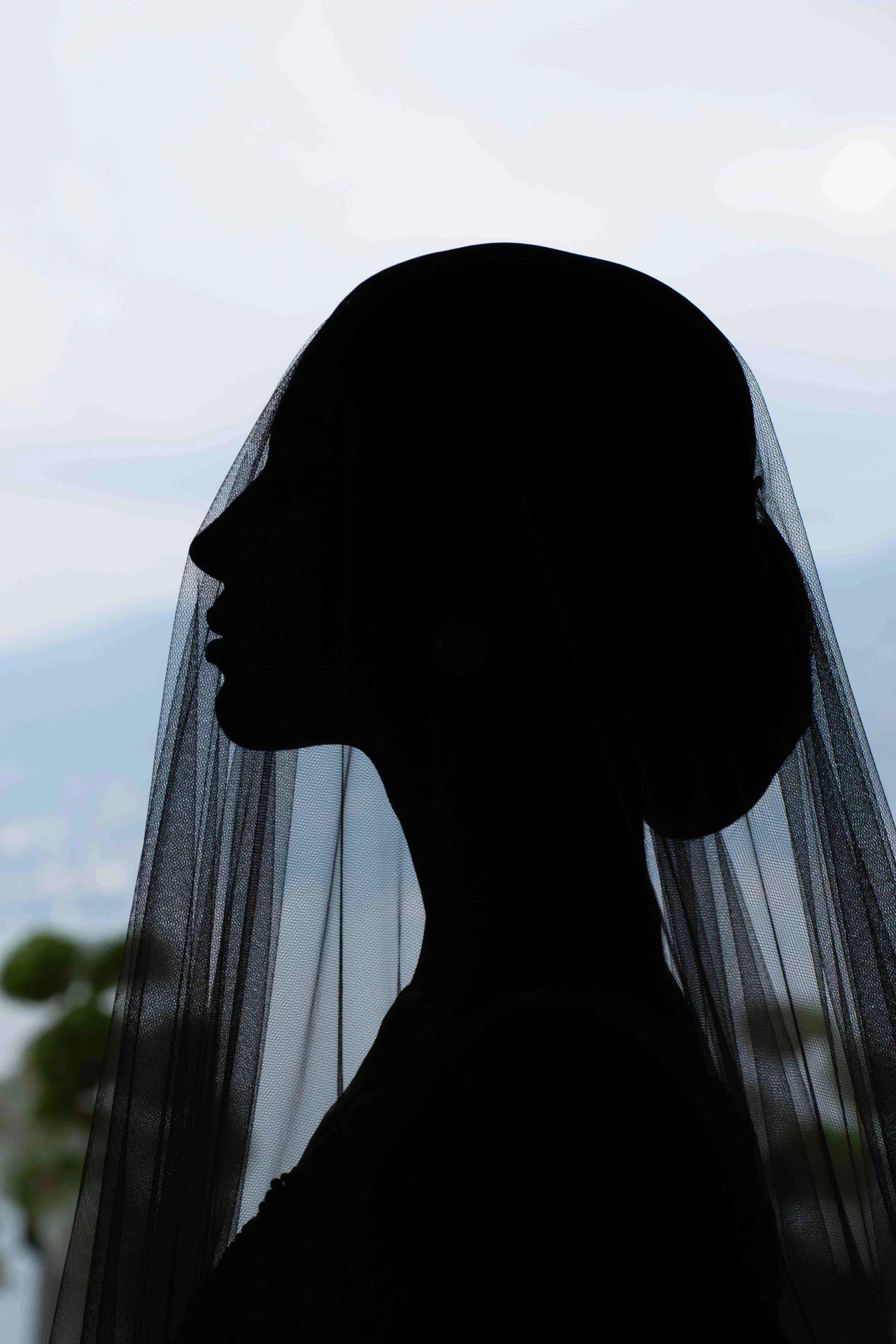 Silhouette of a woman wearing a veil or head covering, with a cloudy sky and some greenery in the background.