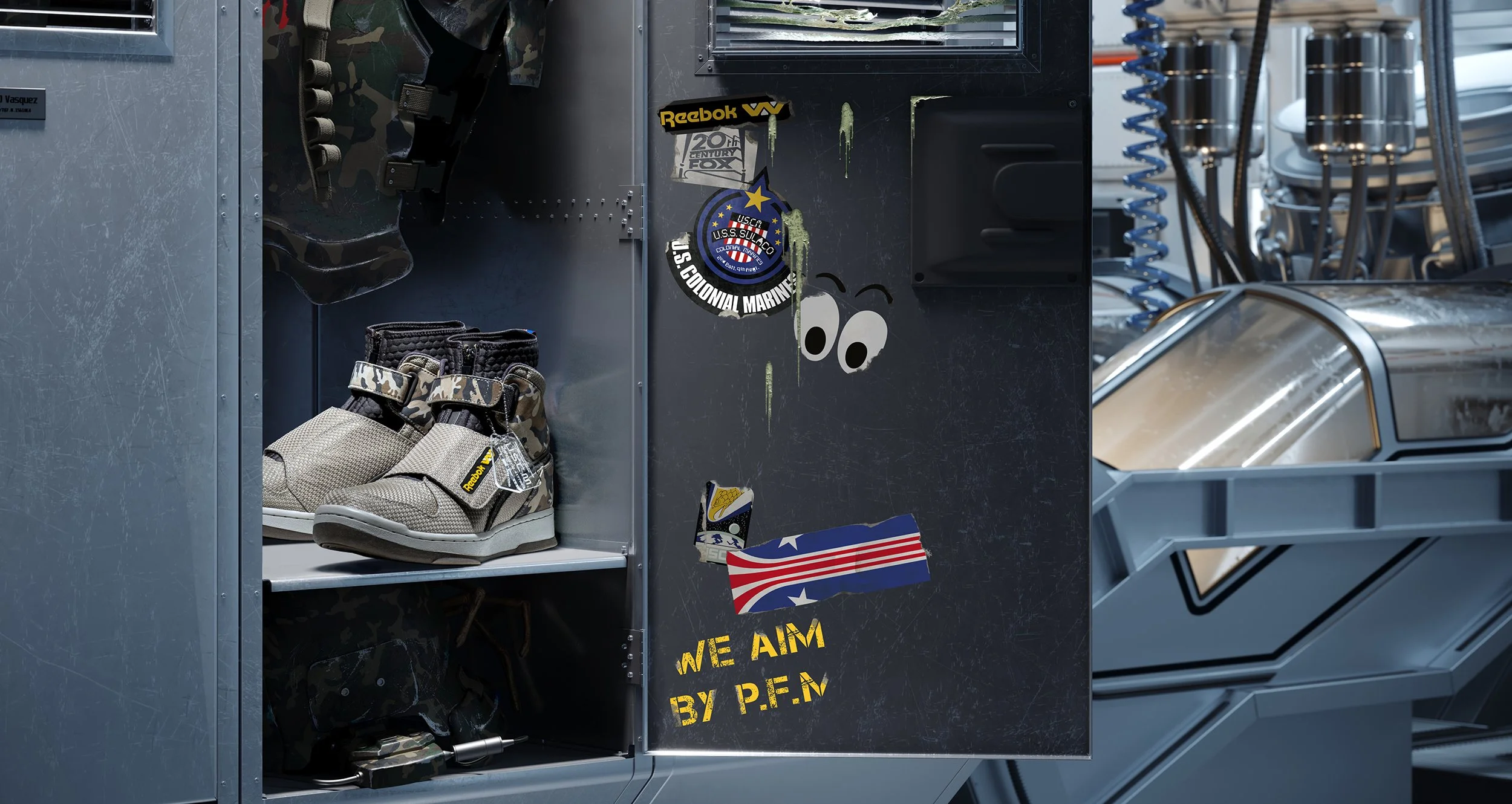 A gray metal locker with camouflage Reebok shoes inside and military-style patches and stickers on the door, including U.S. Marine and patriotic US flags.