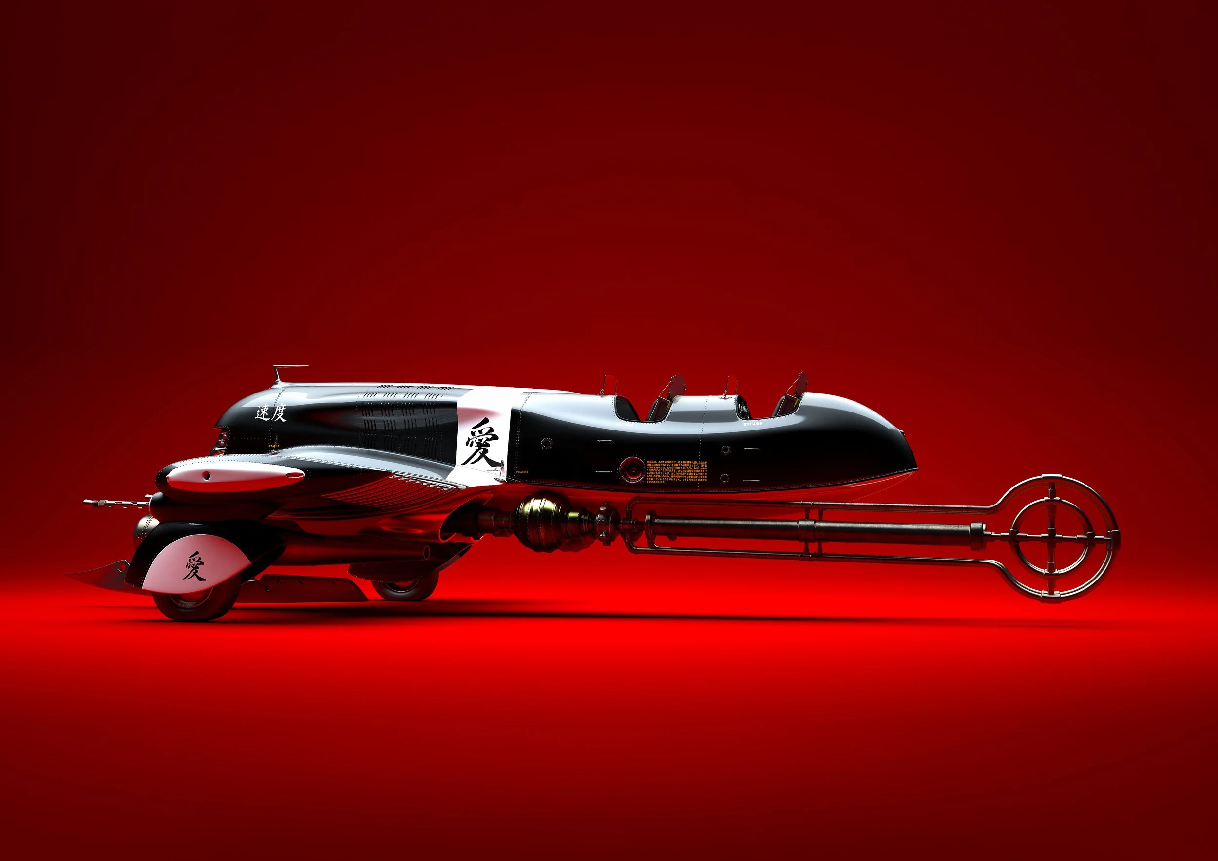 A futuristic motorcycle with a sleek black and silver design, featuring Japanese characters on the side, set against a red background.
