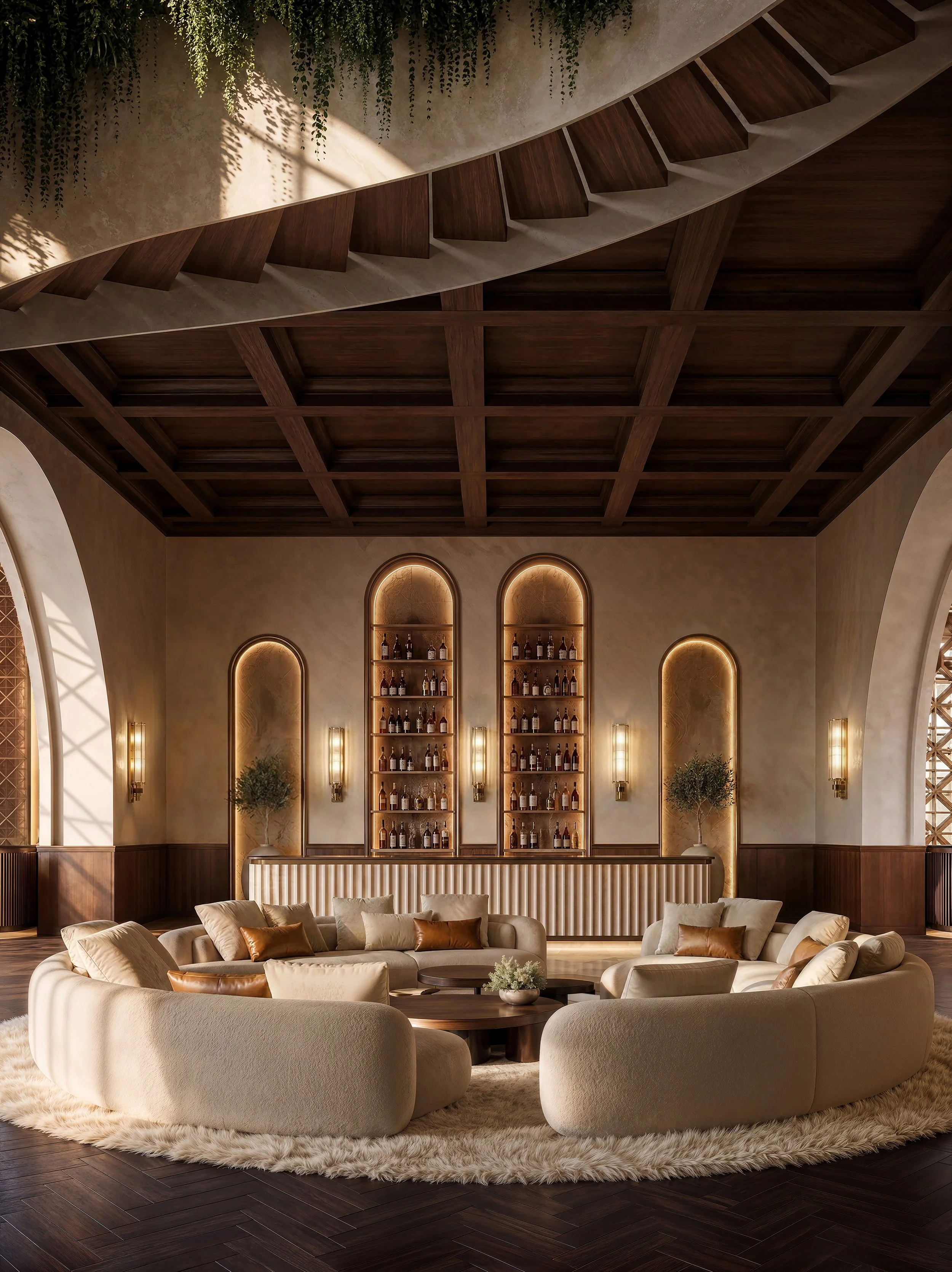Luxury lounge with a circular arrangement of beige sofas, a plush rug, dark wood flooring, a wooden ceiling with a grid pattern, and a bar area with arched niches lit from within, filled with bottles and flanked by wall-mounted gold fixtures and pott