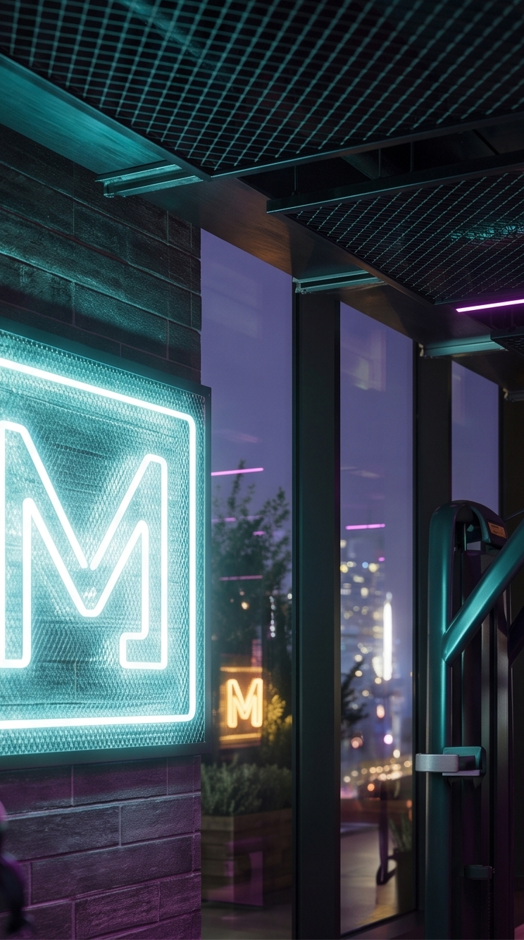 Neon sign with the letter 'M' next to a glass door in a modern gym, with city lights visible through the windows at dusk.