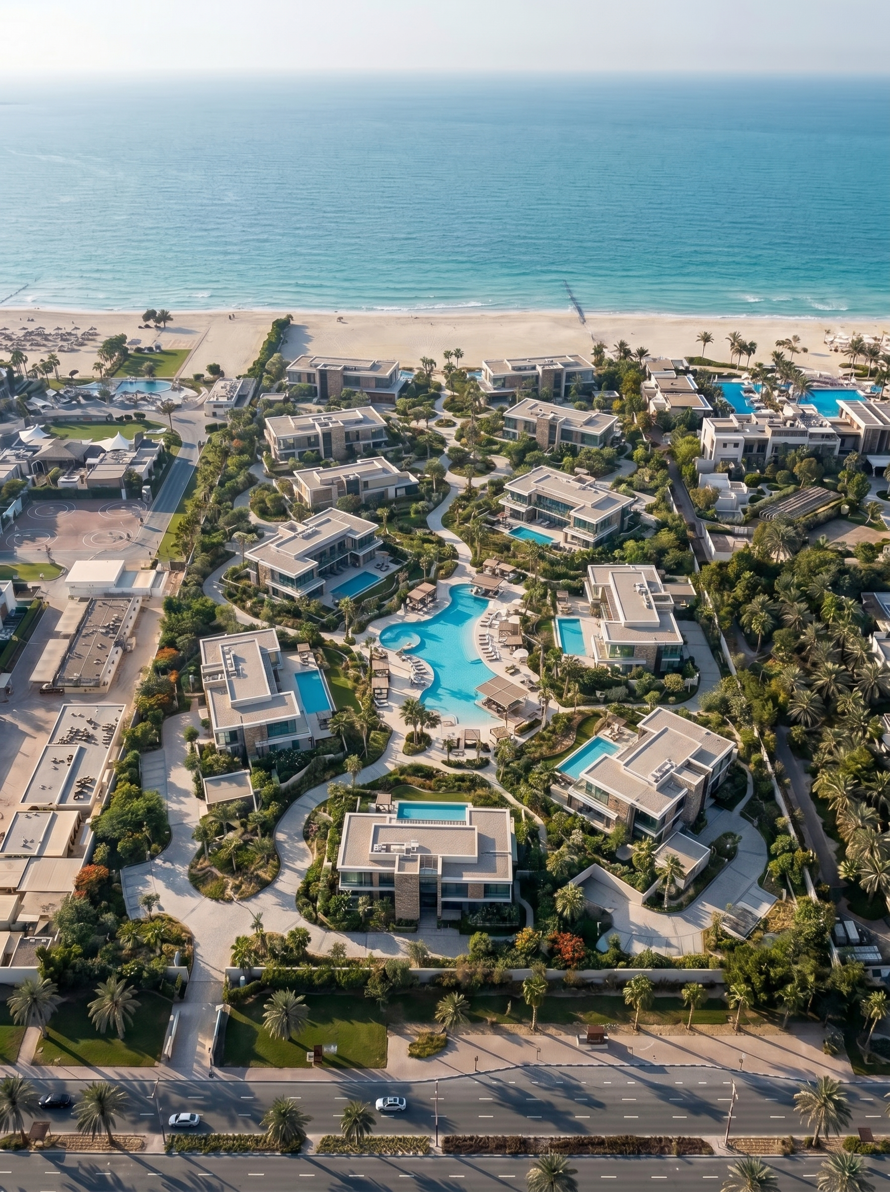Aerial view of a beachfront residential area with modern houses, pools, and palm trees, overlooking the ocean with a sandy beach and a pier extending into the water.