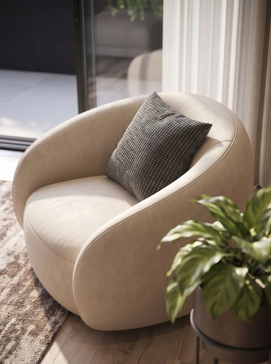 A modern cream-colored armchair with a black and gray patterned pillow, next to a potted green plant, near a large window with sheer curtains.