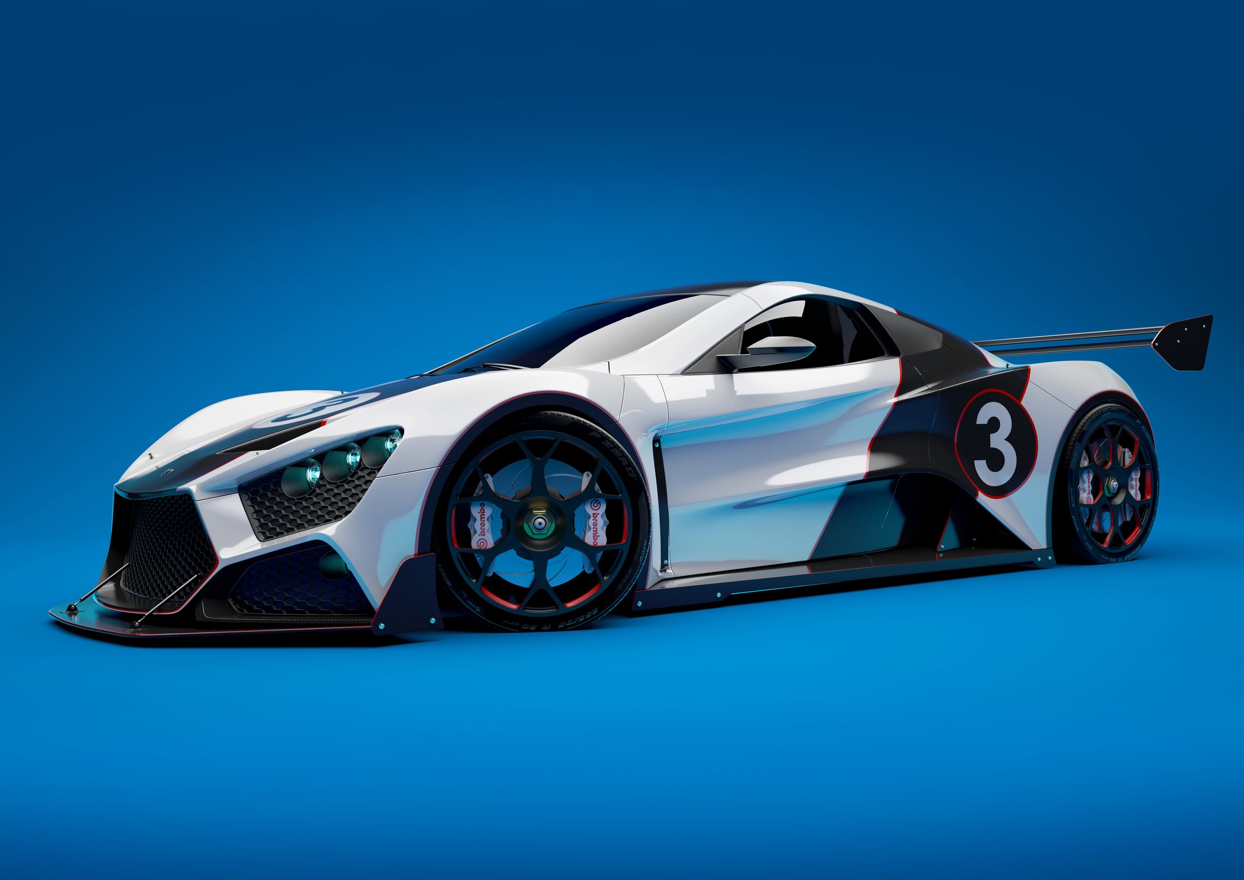 A modern racing sports car with a white and black exterior, red accents, and the number 3 on the side, set against a clear blue sky.