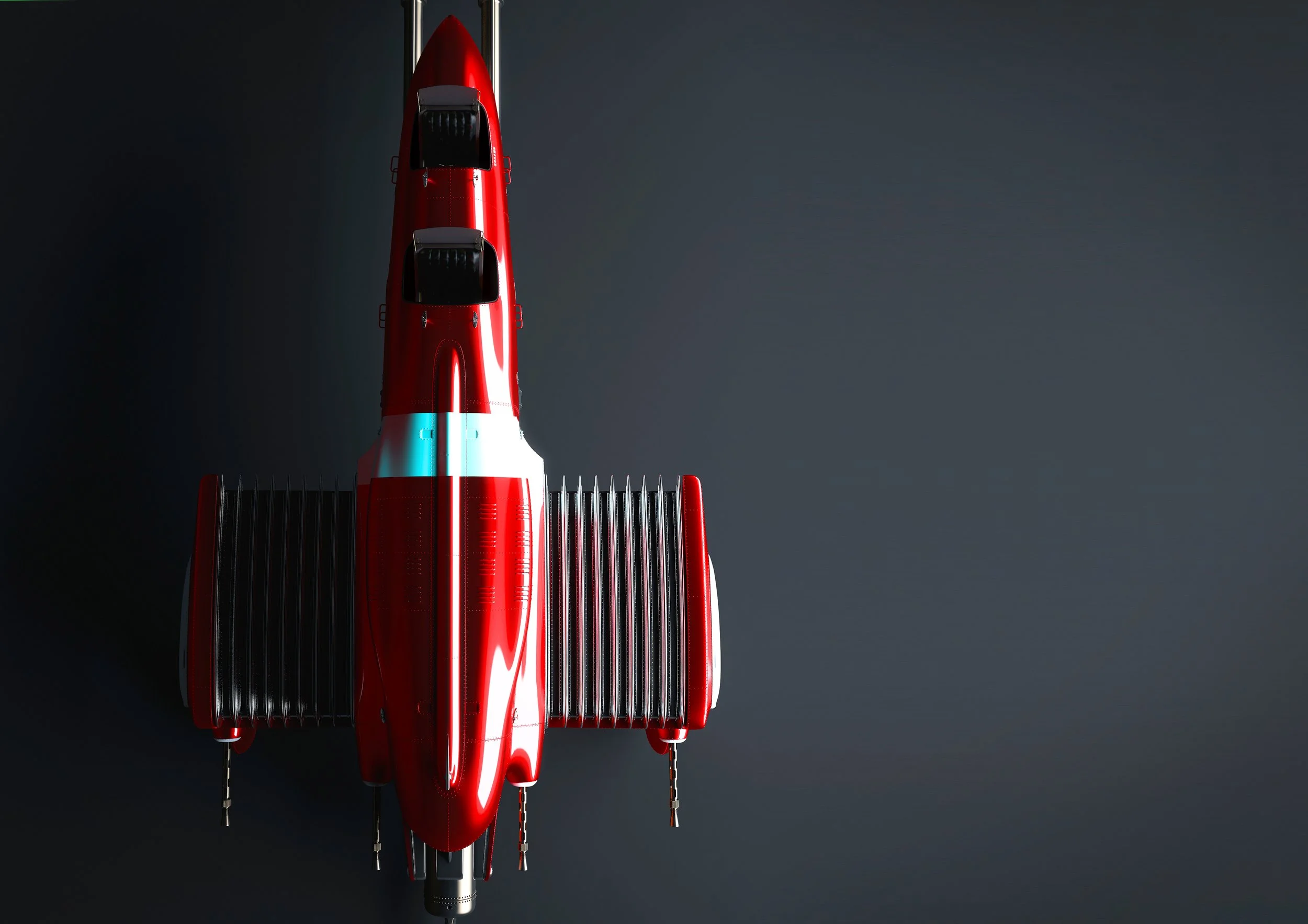 Overhead view of a red and white rocket standing vertically against a dark background.