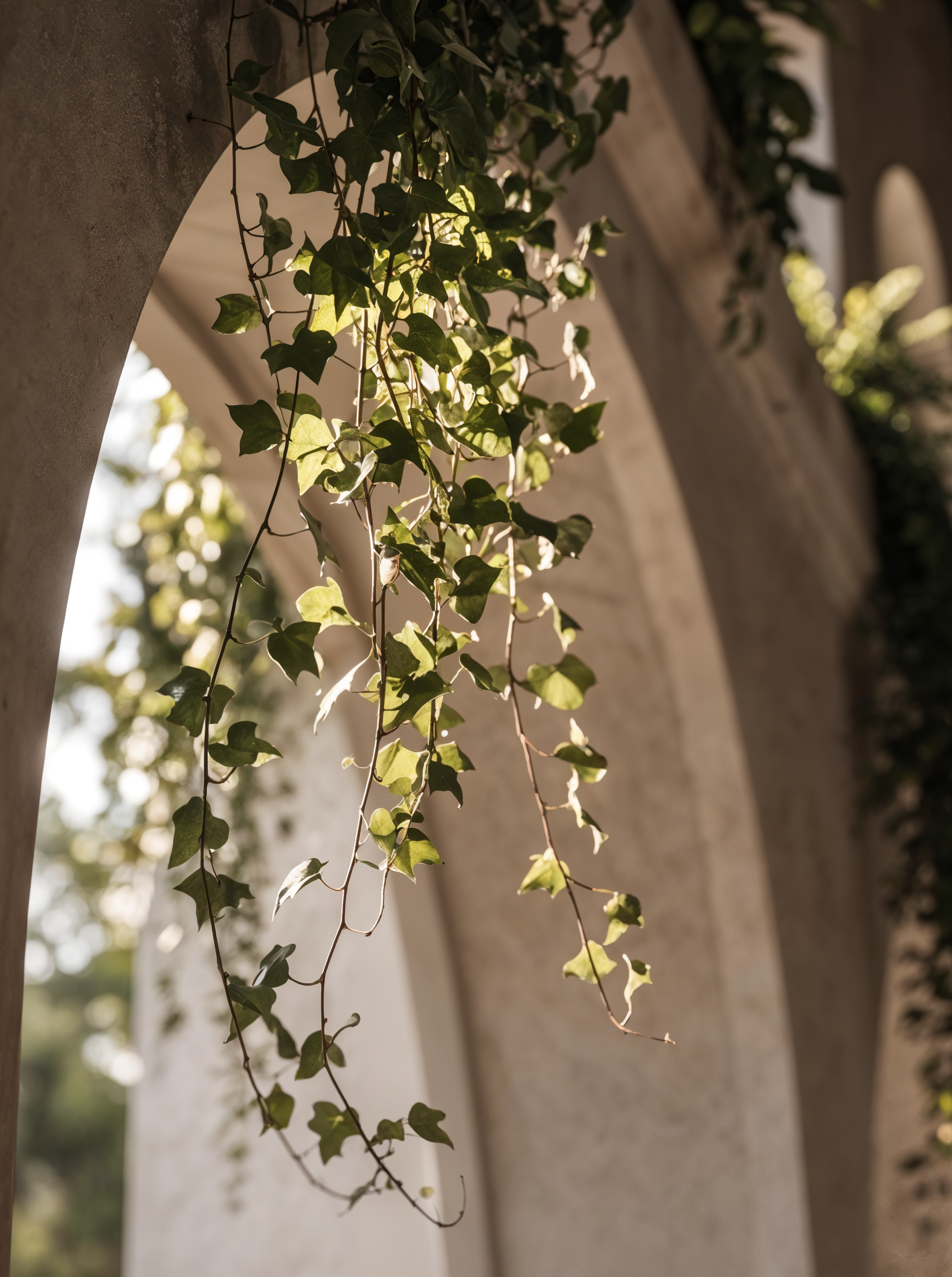 A hanging vine with green ivy leaves grows along a concrete wall and archway, with sunlight illuminating the leaves.