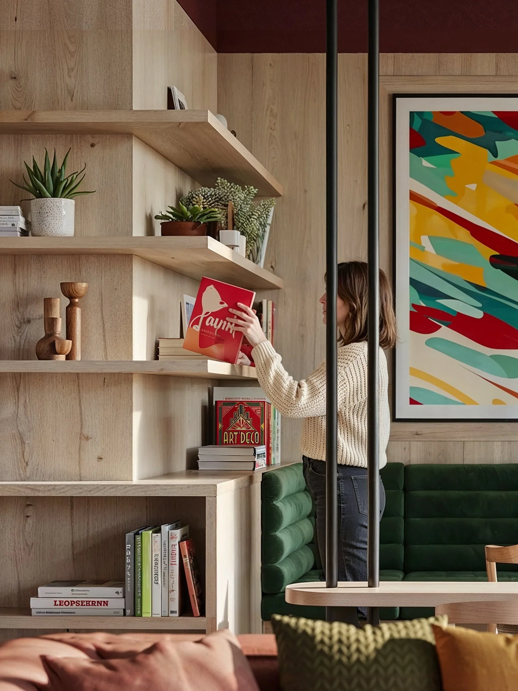 A woman standing next to a white bookshelf with books, plants, and decorative items in a cozy, modern interior with colorful artwork and a green upholstered seating area.