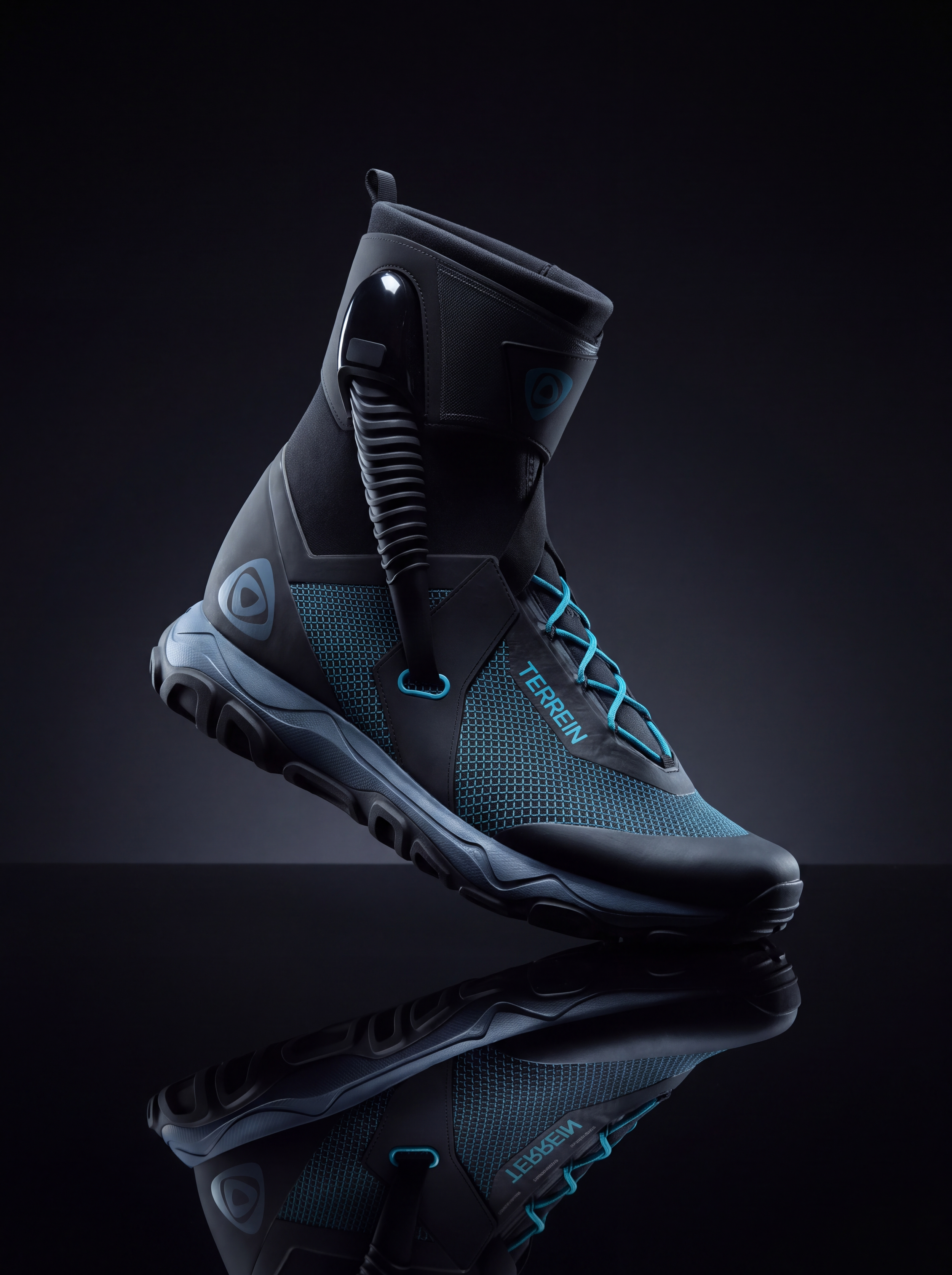 A modern, high-tech hiking boot with a digital filter effect, featuring a black, blue, and gray color scheme, with branding on the side that says 'TEBBEN' and another logo on the top strap, set against a black background.