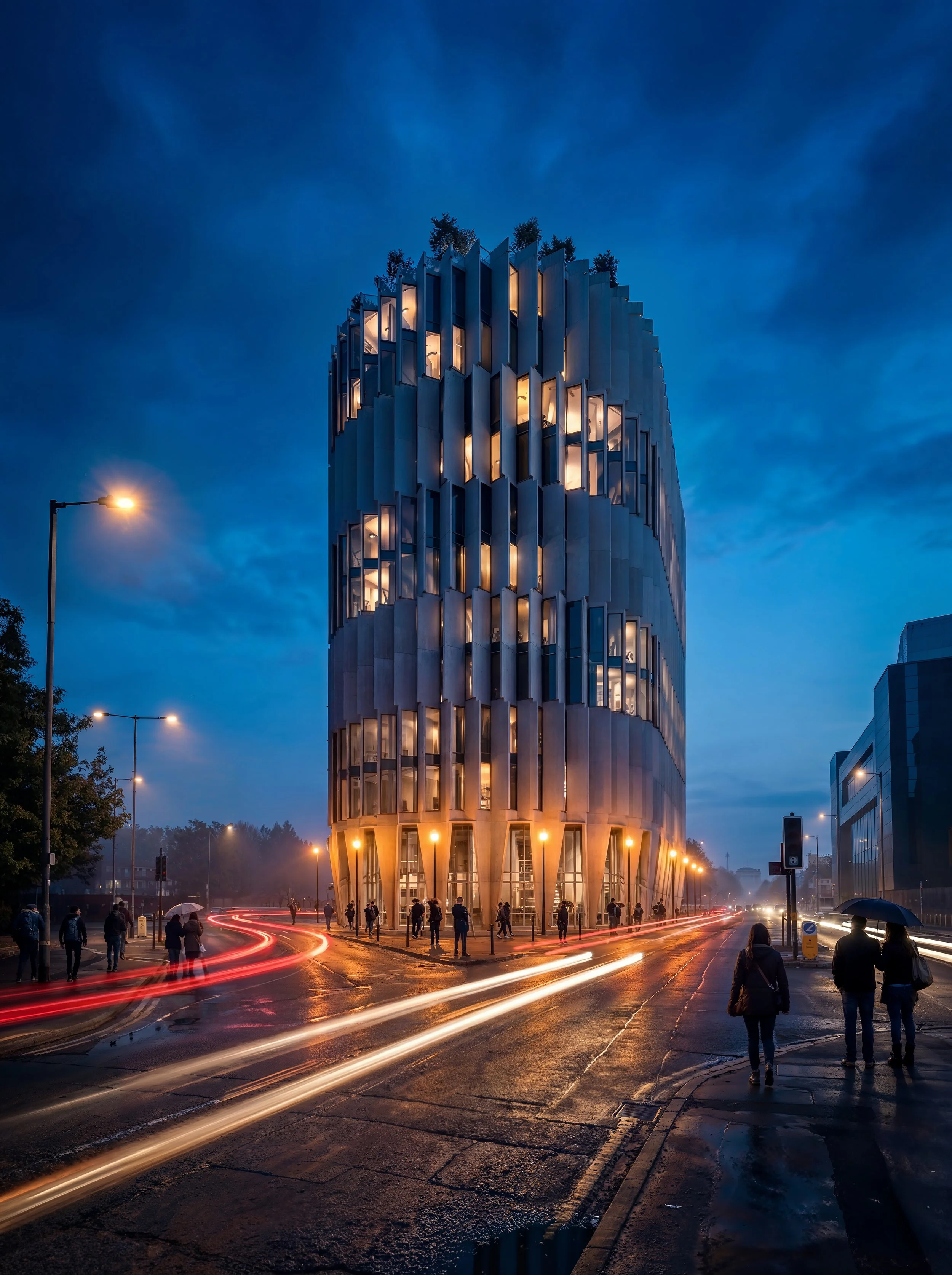 A modern, multi-story building with illuminated windows, surrounded by streetlights and people walking on the sidewalk at dusk or early evening.