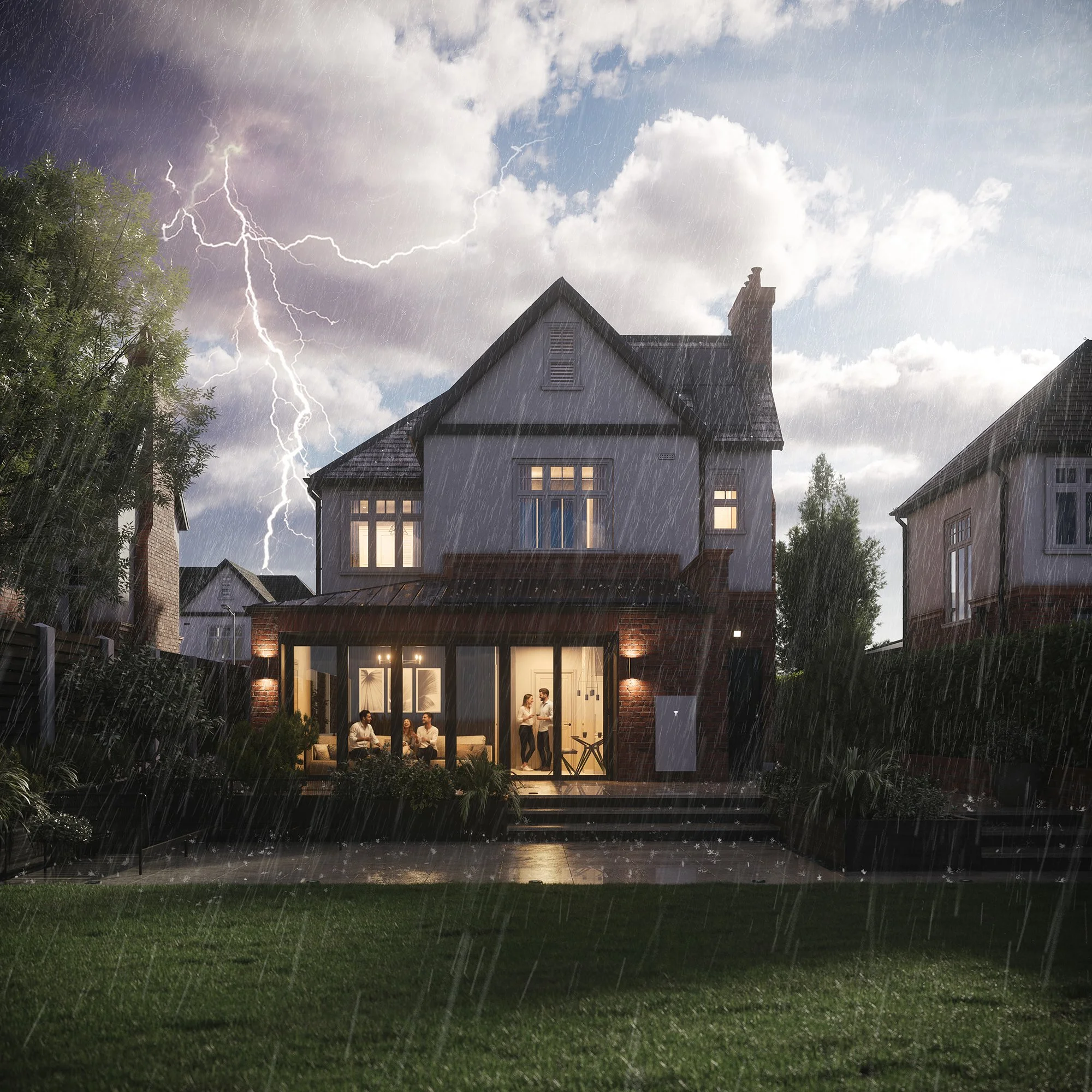 A house with lit windows during a thunderstorm with lightning and rain outside.