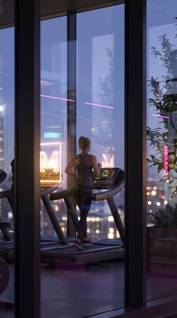 A woman running on a treadmill inside a gym, visible through large window panels with city lights outside during dusk.