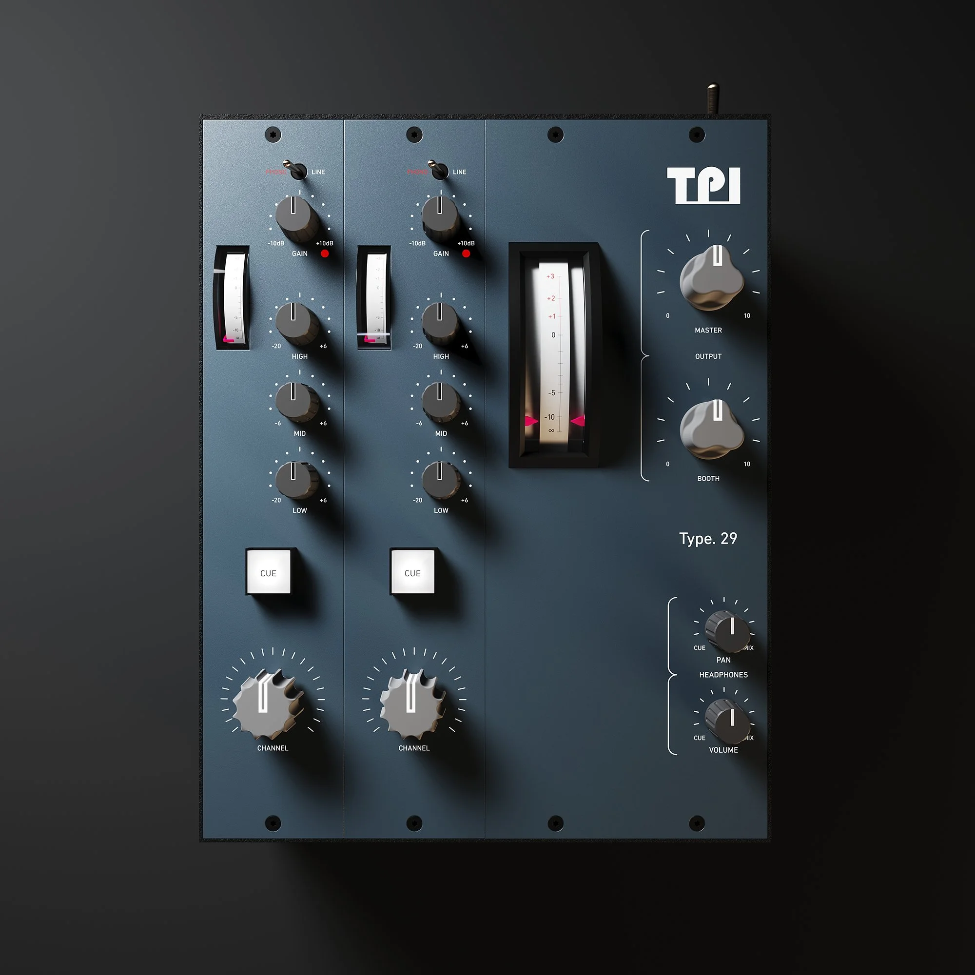Close-up view of a professional audio mixer with various knobs, sliders, and buttons on a dark background.