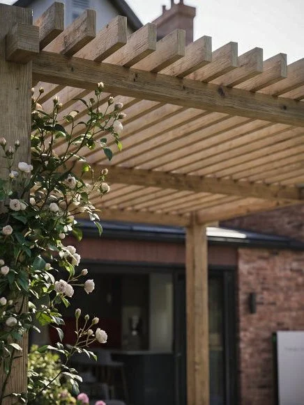 Wooden pergola with slatted roof next to a flowering plant climbing a wooden post in a backyard.