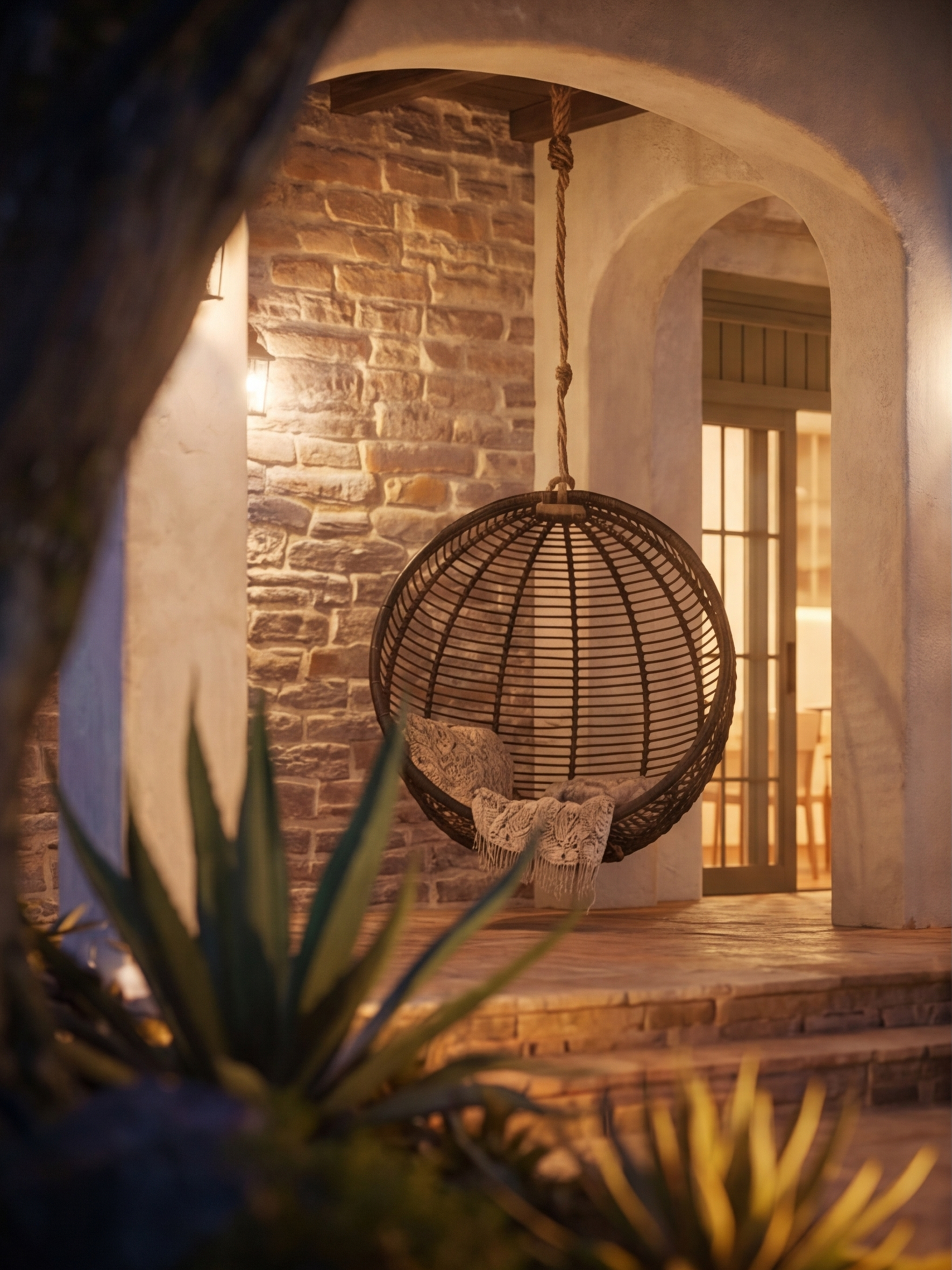 A cozy indoor space featuring a hanging wicker egg chair with cushions, set against a brick wall with warm lighting, viewed through a foreground of spiky plant leaves.