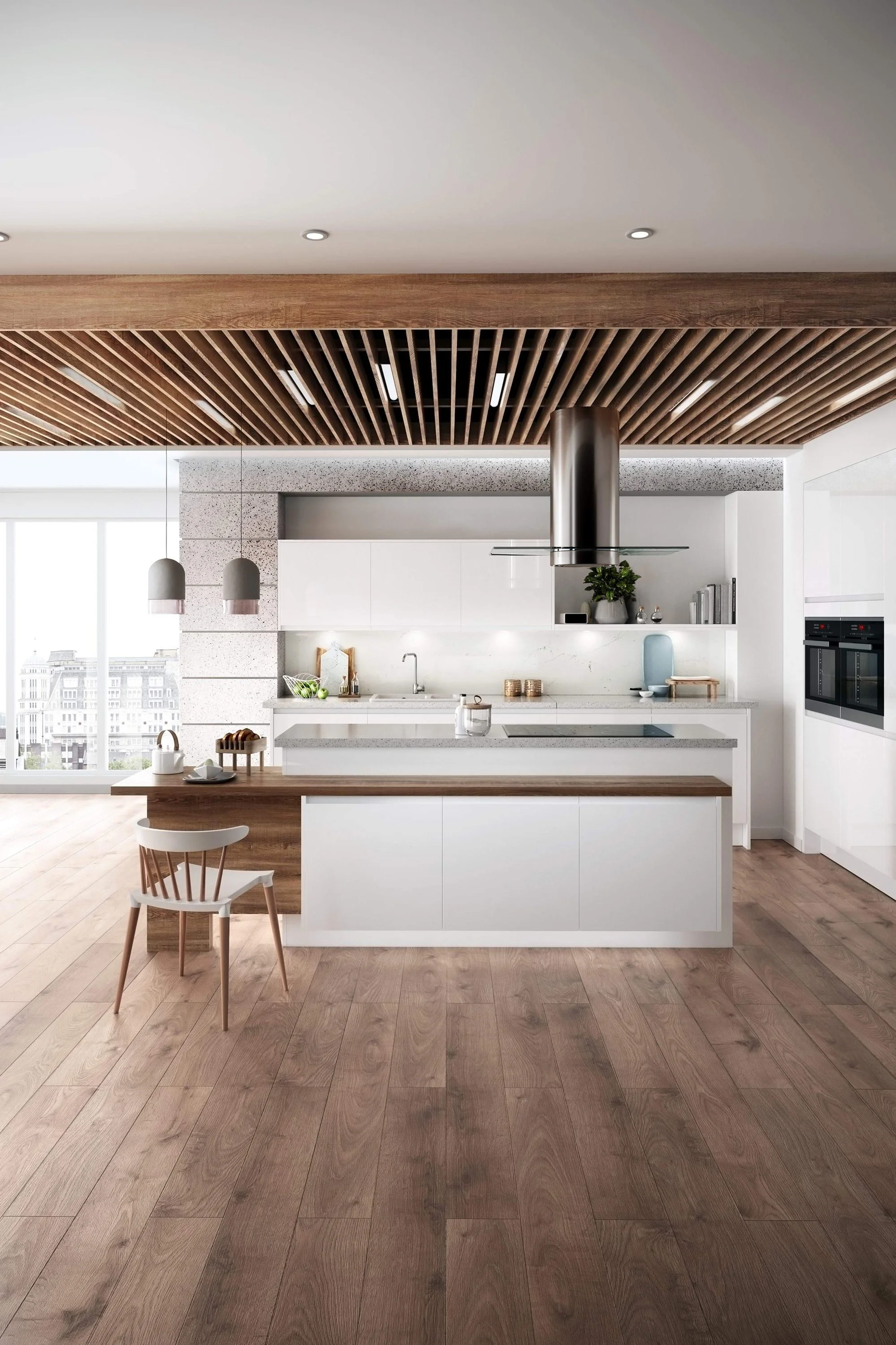 Modern kitchen with white cabinets, wooden ceiling, island with a wooden extension, wooden chair, pendant lights, and large windows showing city buildings.