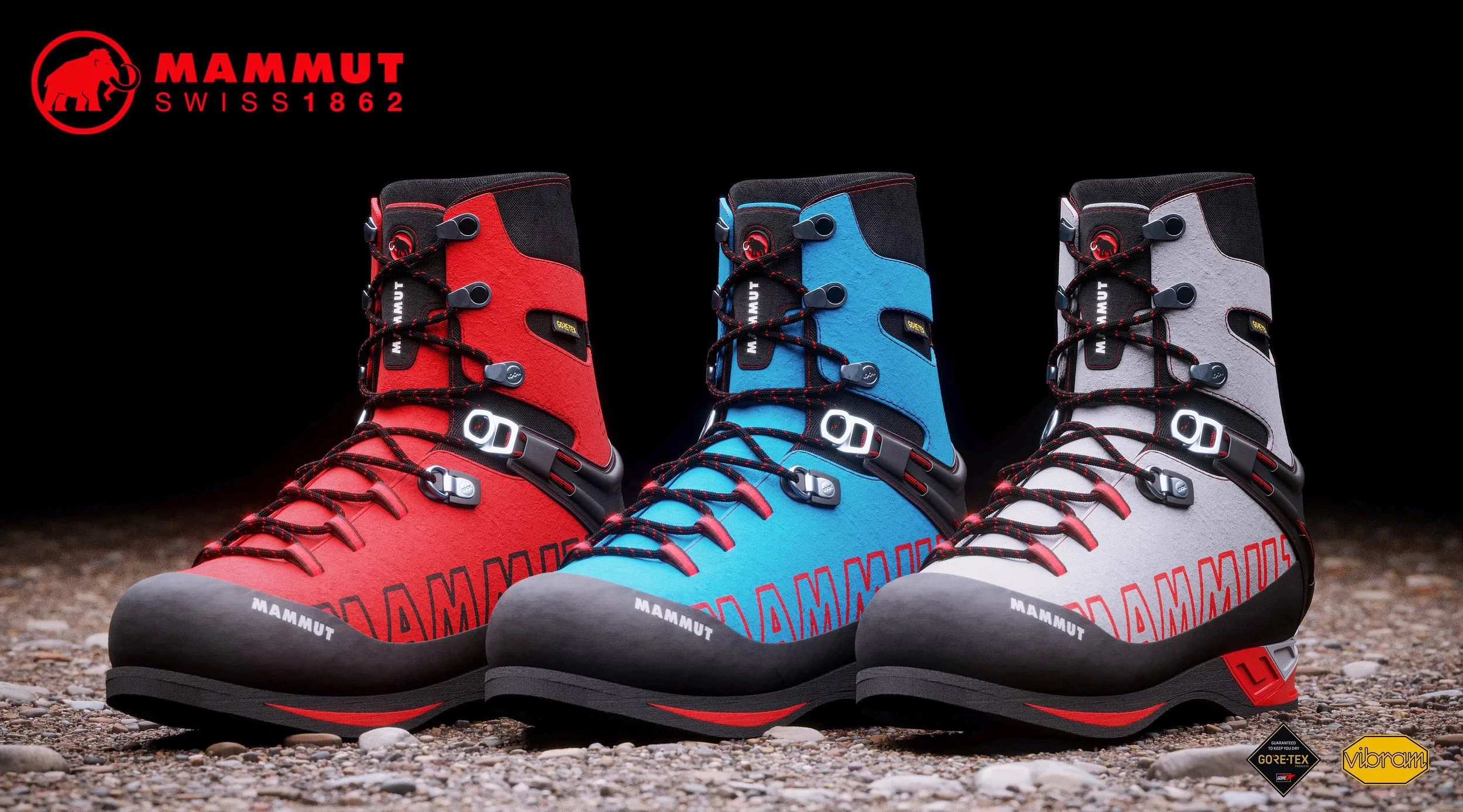 Three mountaineering boots in red, blue, and white with black accents, laces, and metal hooks, displayed on gravel. The red boot is on the left, blue in the middle, and white on the right. The background is black, with logos for Mammut, Gore-Tex, and