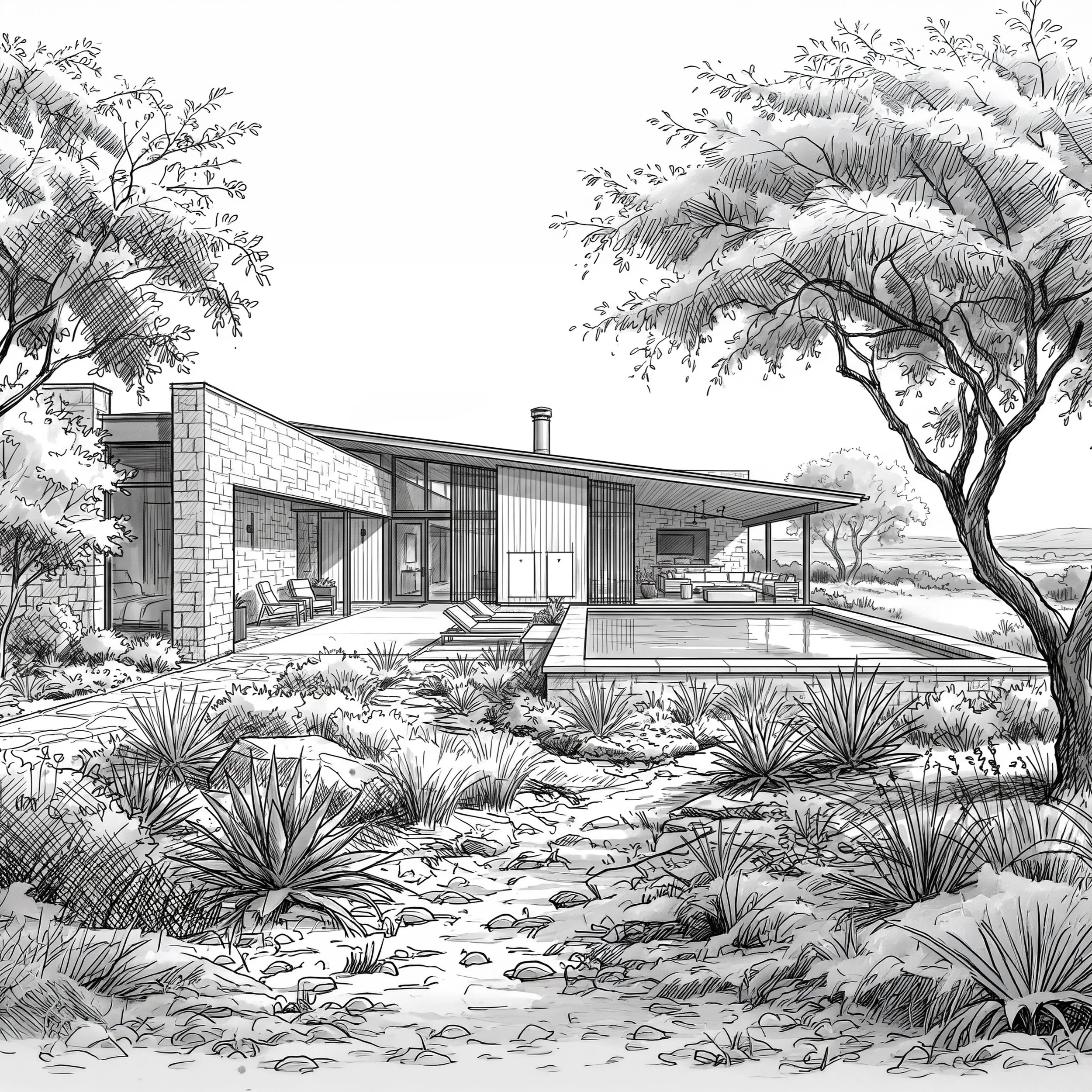Black and white sketch of a modern house with large windows, surrounded by trees, bushes, and a yard with a pool and patio furniture.