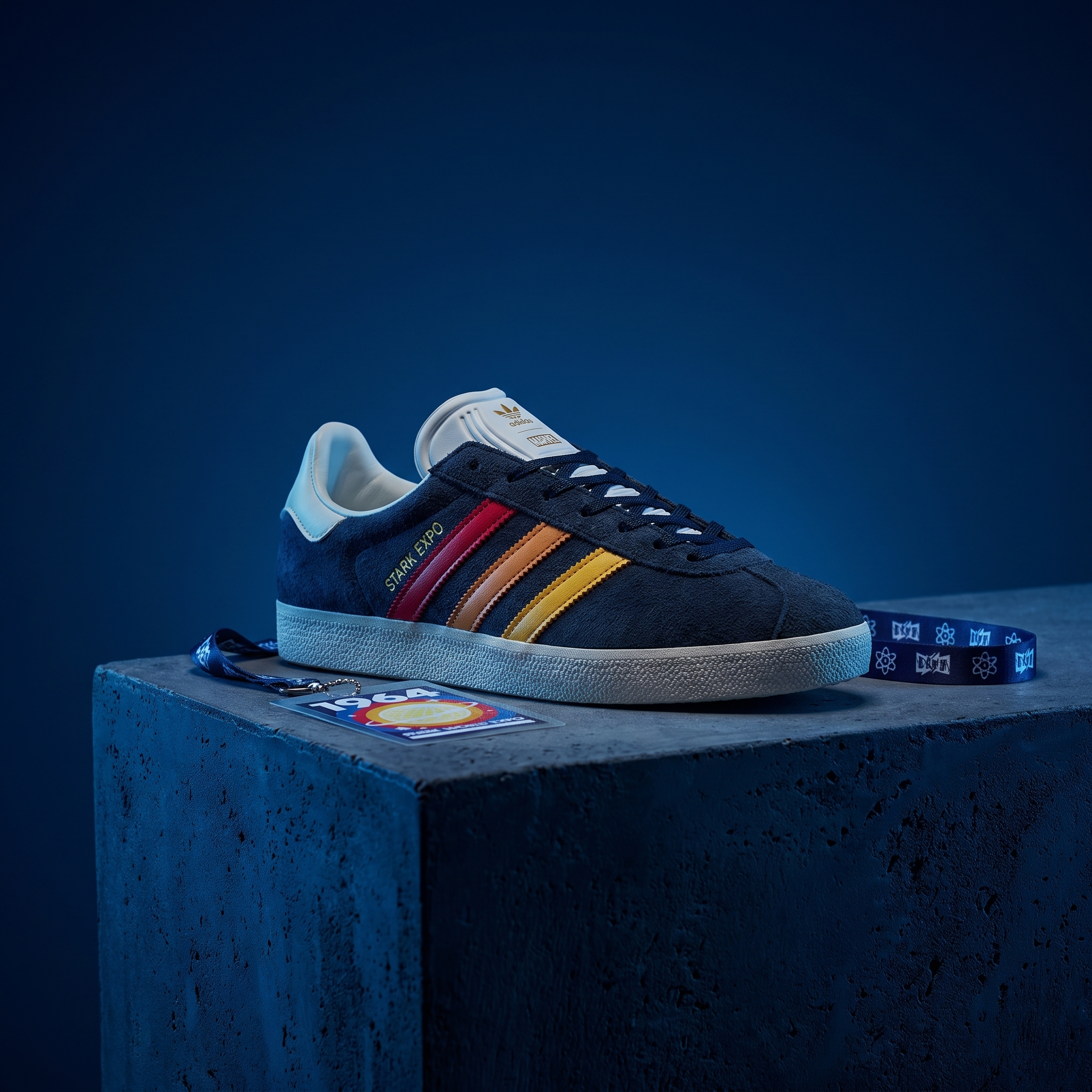 Close-up of a sneaker with colorful stripes and the adidas logo, resting on a concrete surface against a dark blue background.