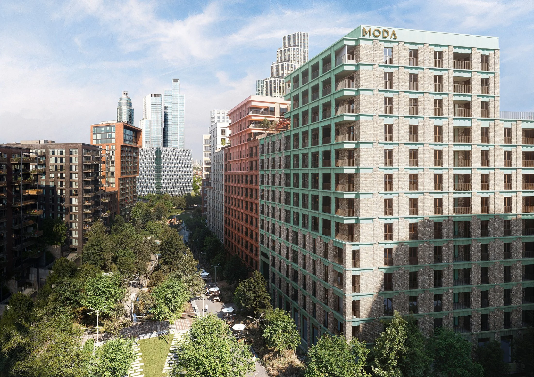 A cityscape featuring a variety of modern high-rise buildings, with a prominent beige brick building labeled 'MODA' in the foreground; the setting includes a partly cloudy sky and lush green trees and park space below.