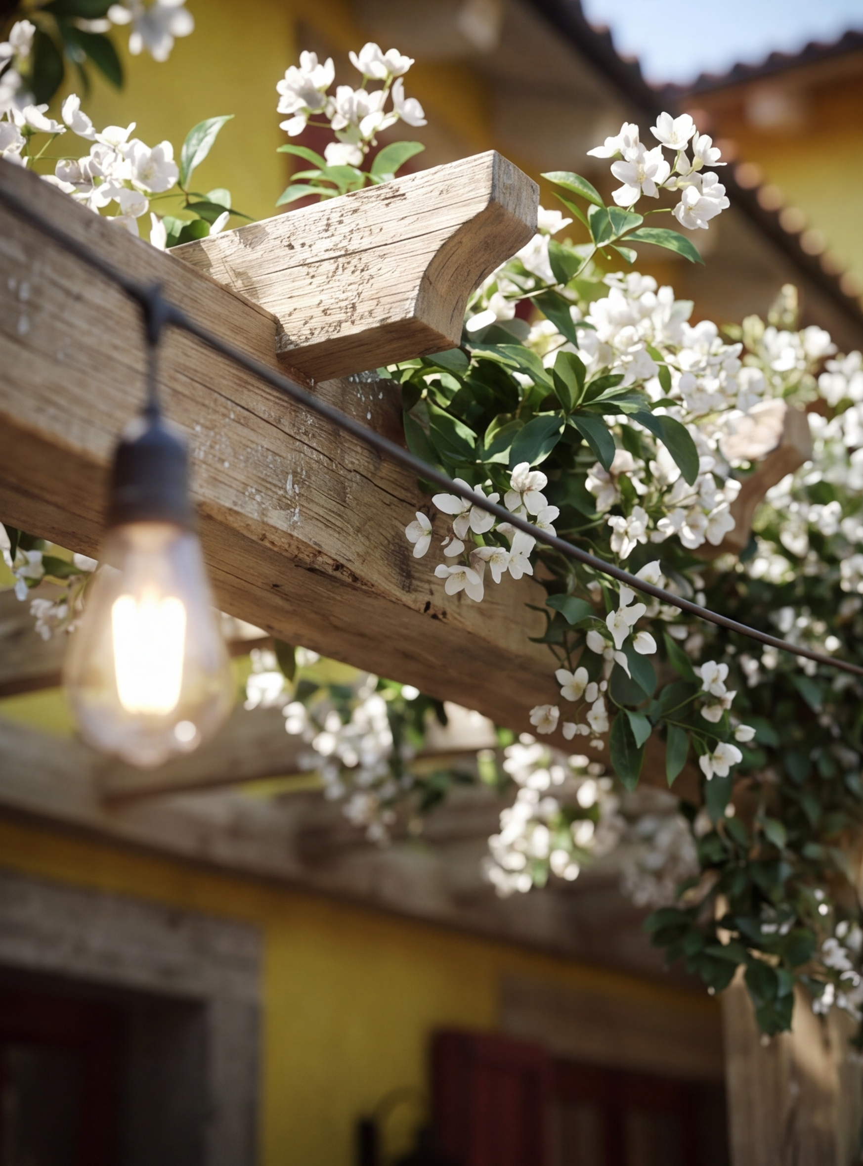 Close-up of a weathered wooden beam with white flowering plants and green leaves growing around it, with a yellow building and roof in the background.