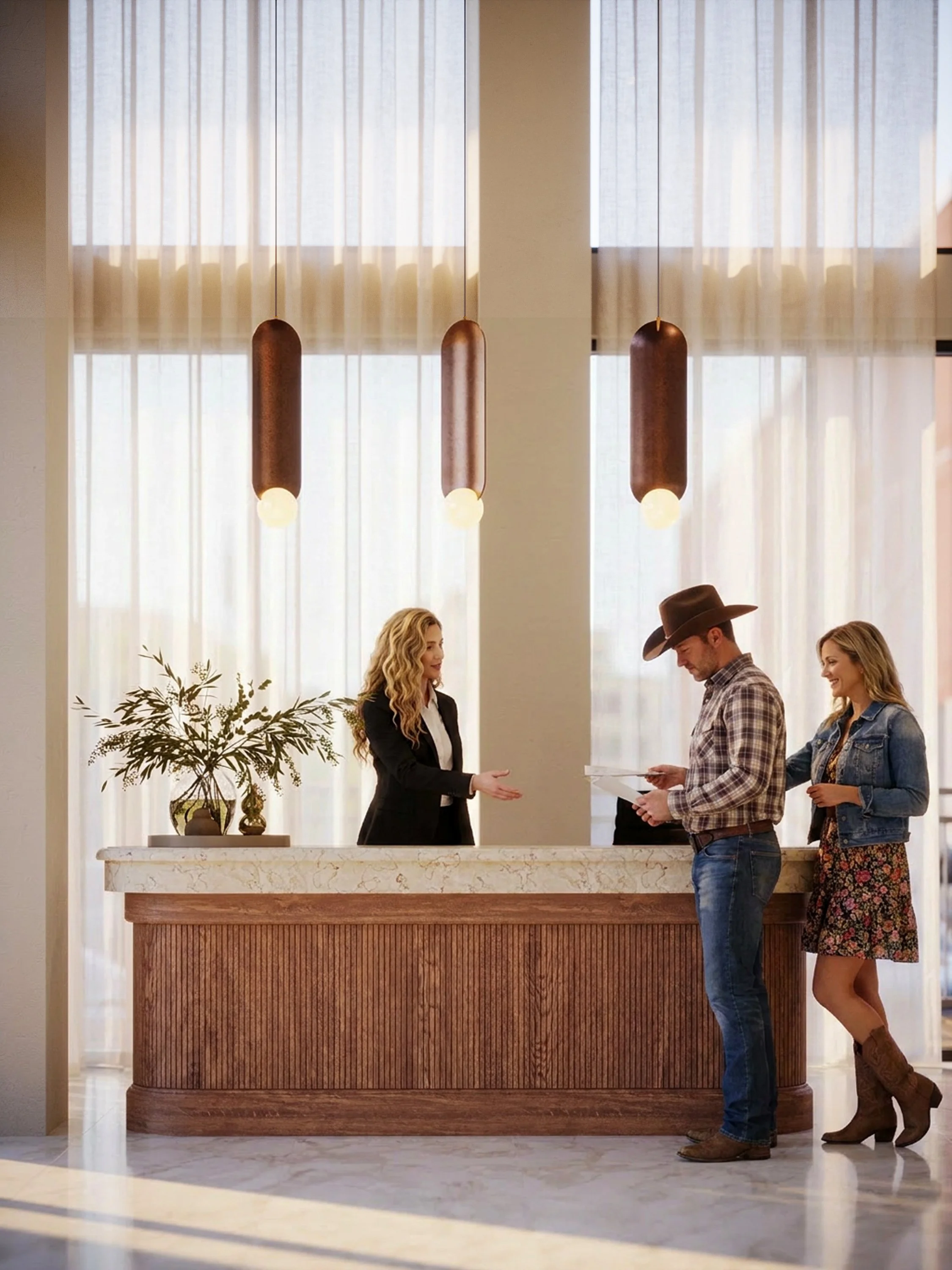 A hotel lobby reception desk with a woman behind it handing a keycard to a man in a cowboy hat, while a woman in a floral skirt and boots stands nearby.