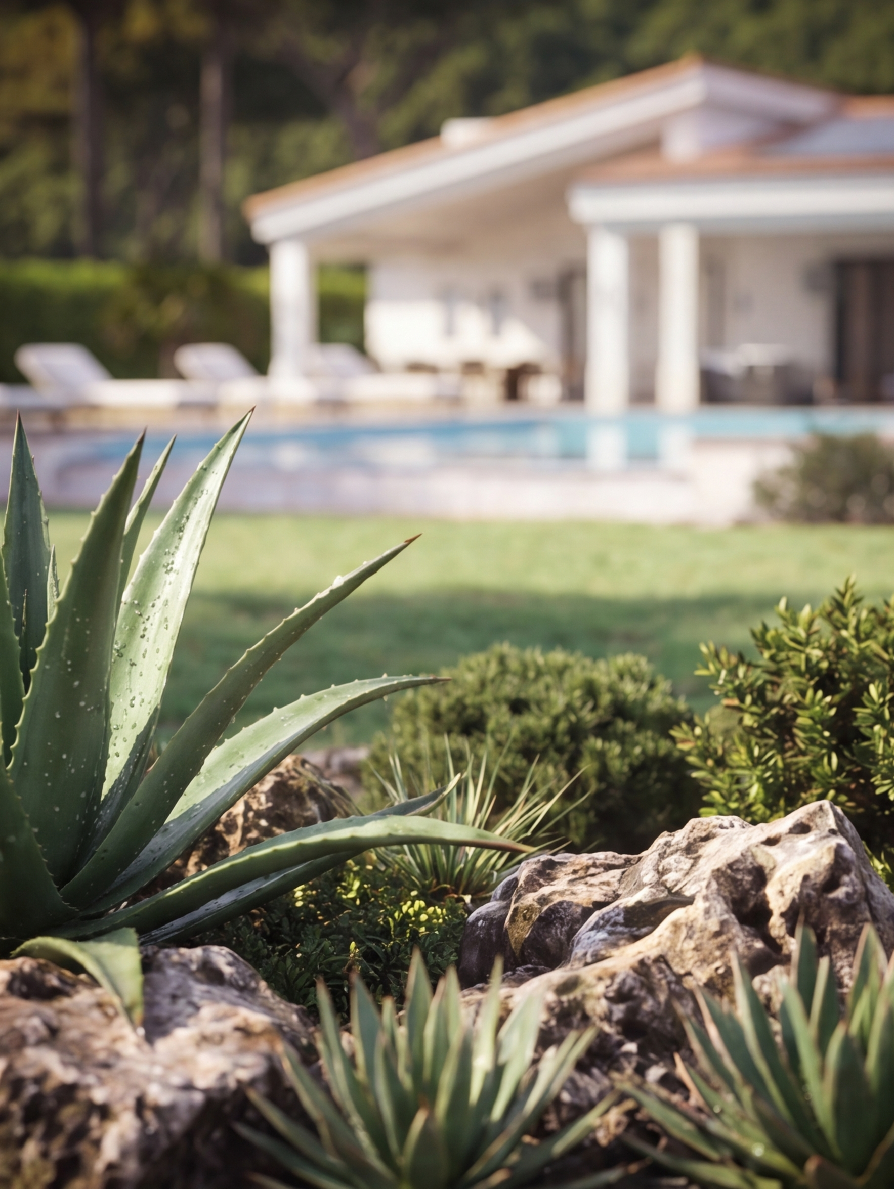 Close-up of a desert garden with green agave plants and rocks in the foreground, blurred house and trees in the background.