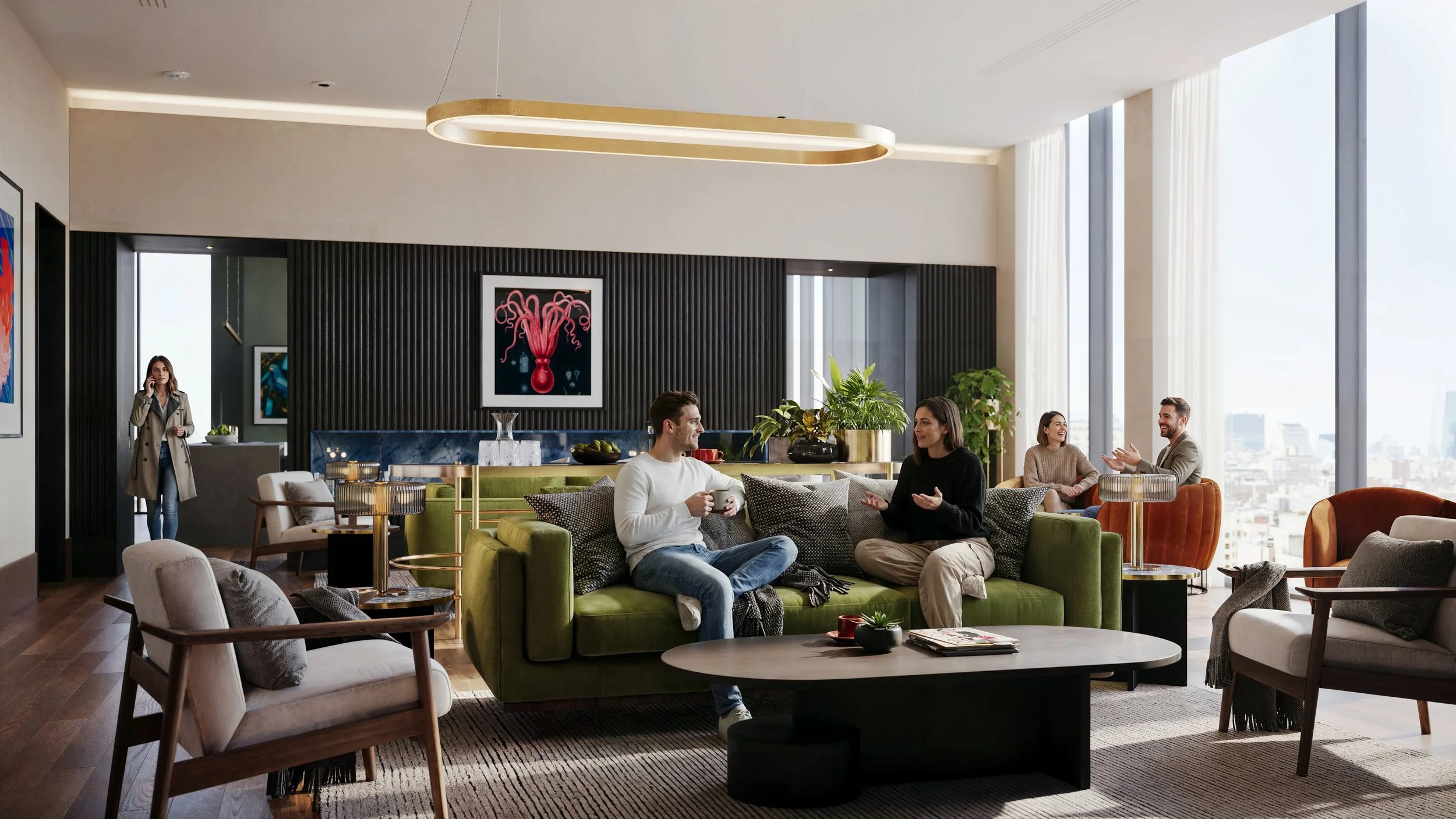 People sitting and chatting in a modern, well-lit hotel lobby or lounge with large windows, artwork, and greenery.