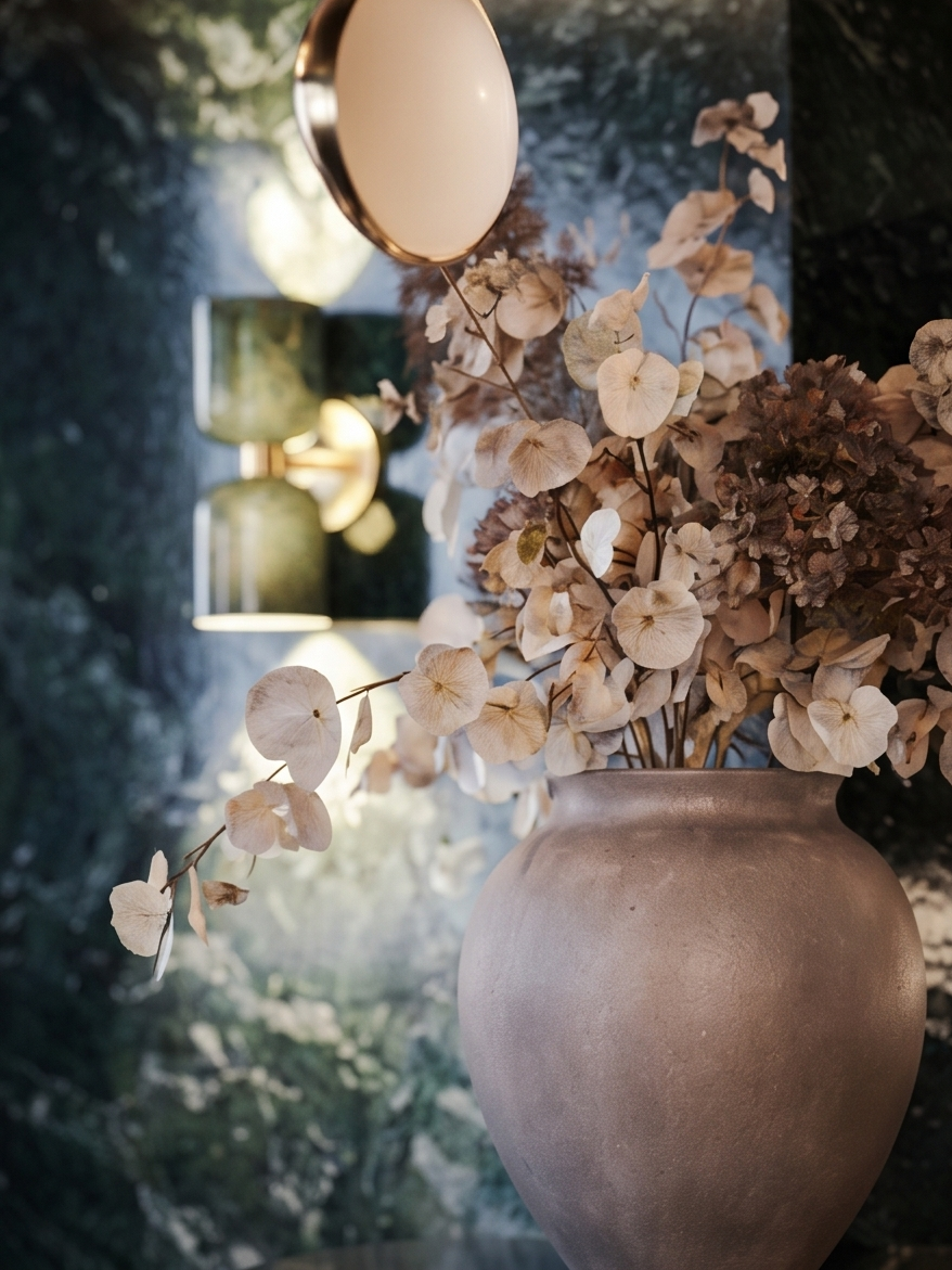 Close-up of a beige vase with dried flowers, with a blurred background of cups and a lit wall lamp on a dark marble surface.