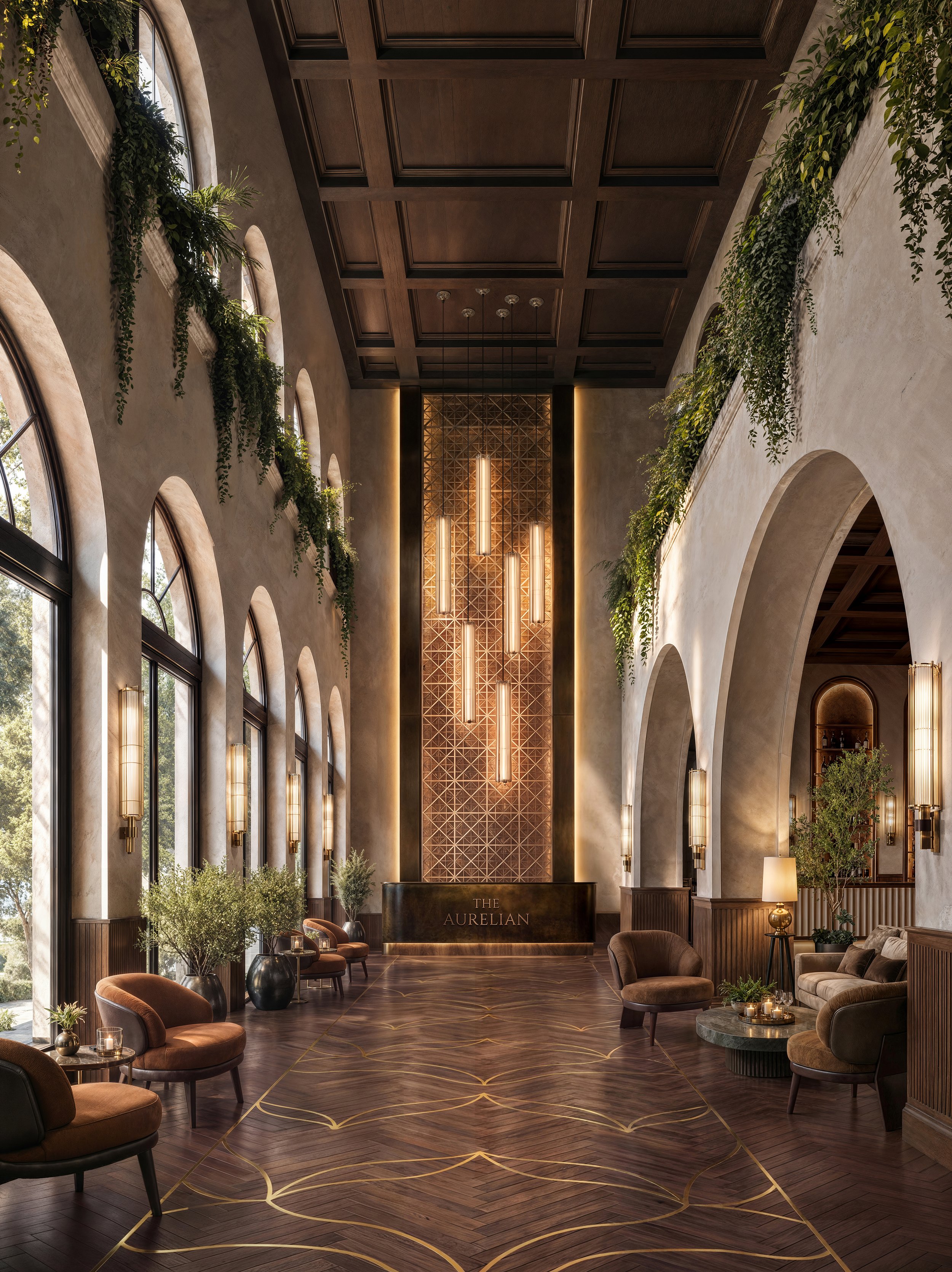 Elegant hotel lobby with high arched windows, greenery, modern lighting fixtures, and plush seating, featuring a sign that reads 'The Aurelian' in the center.