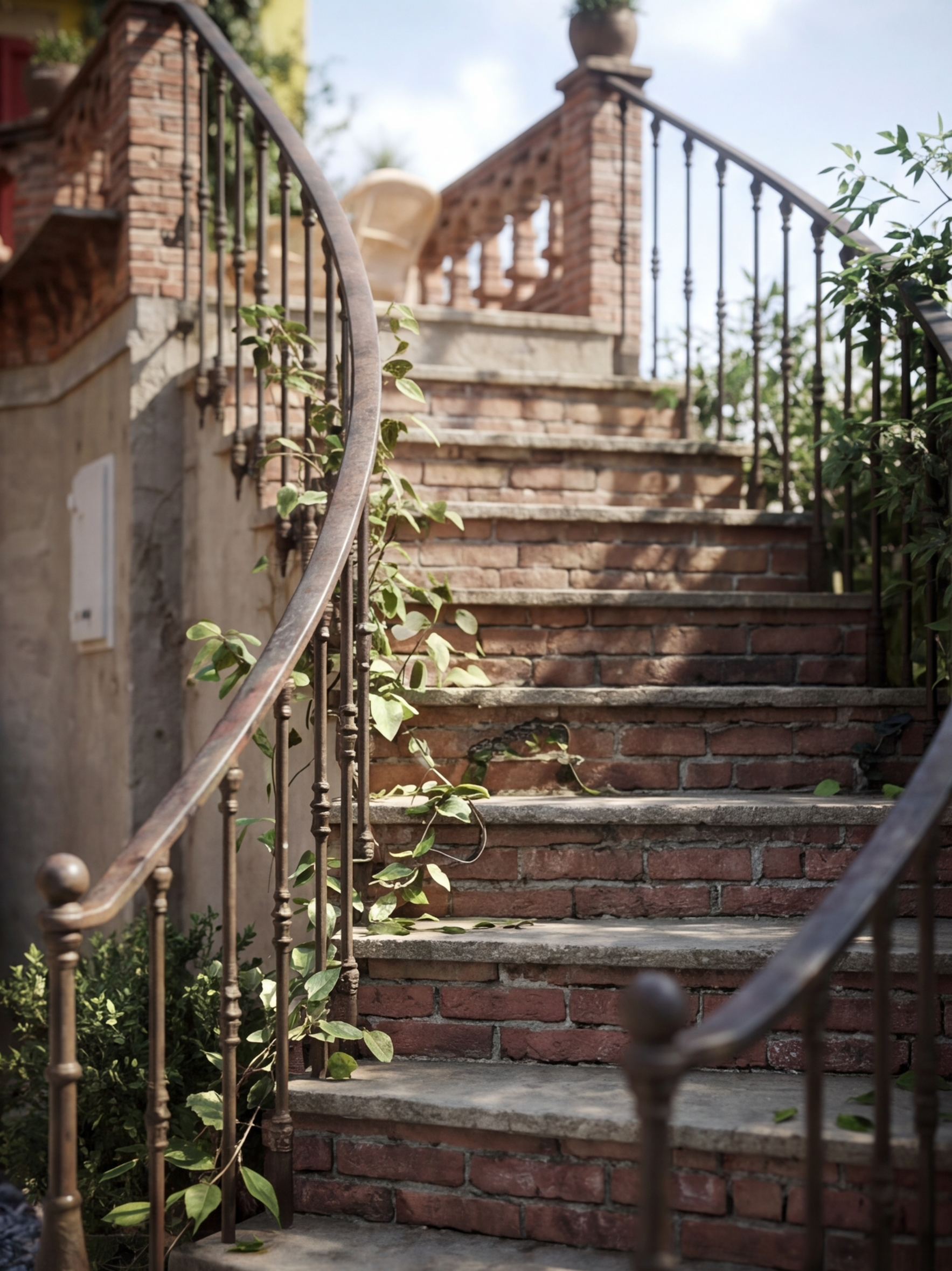 A set of brick stairs with a metal railing on each side, some green vines growing along the left railing, leading up to a small landing with a potted plant on top of a brick pillar. The sky is partly cloudy and trees are visible in the background.