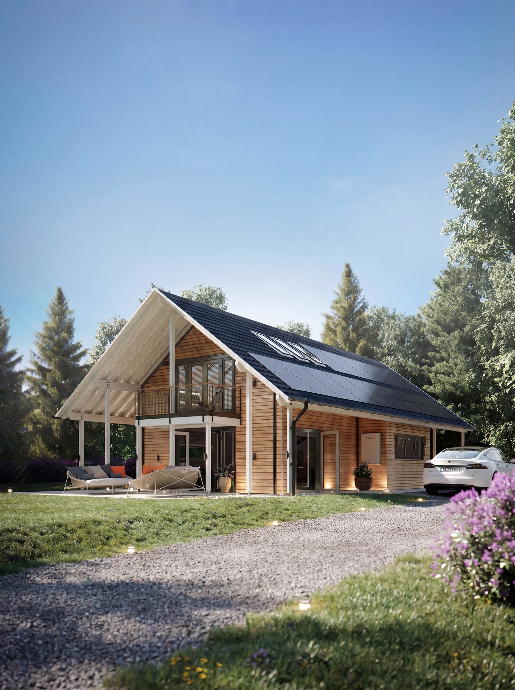 A modern house with a gabled roof featuring solar panels, surrounded by a garden with outdoor seating, trees, and a white car parked nearby, under a clear blue sky.