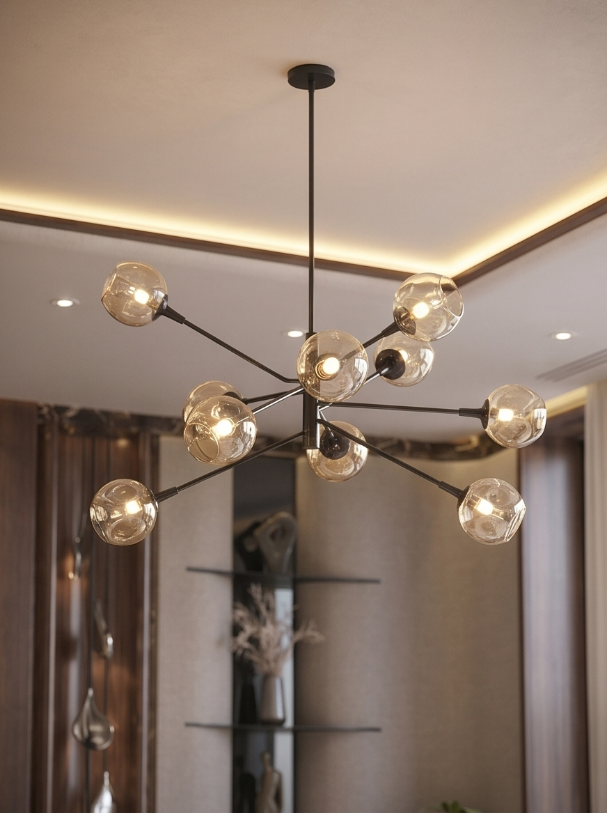 Modern chandelier with multiple glass globe bulbs hanging in a living room with wood-paneled wall and decorative shelves.