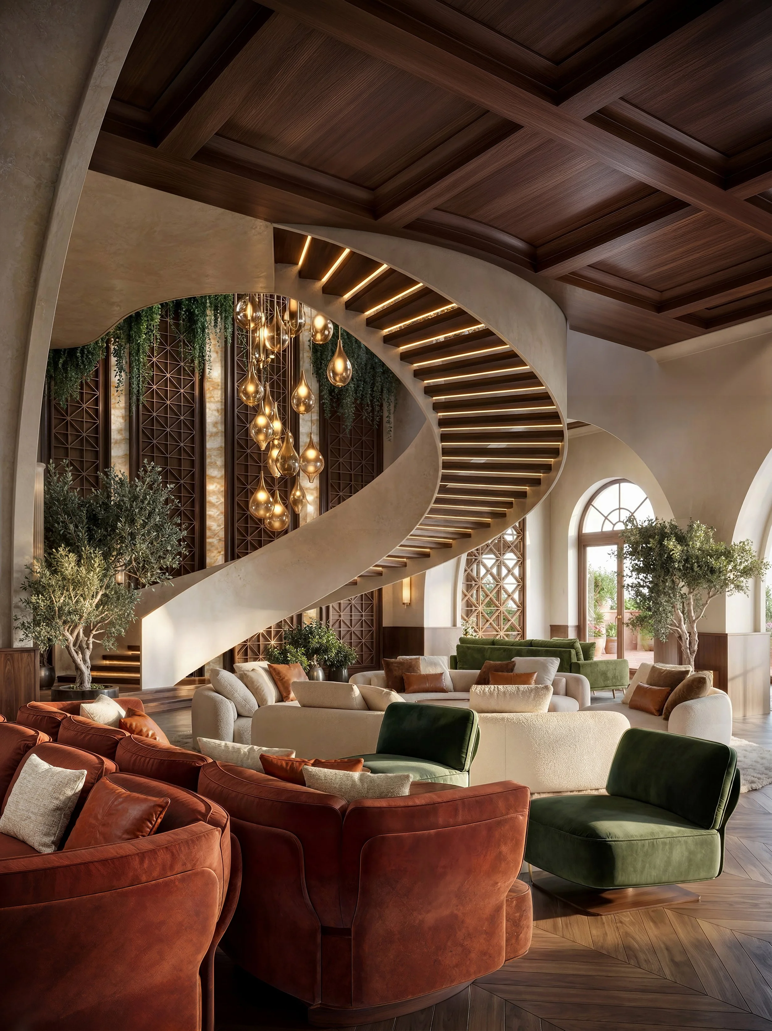 Elegant hotel lobby with a grand curved staircase, modern hanging gold pendant lights, lush greenery, and a seating area with plush green, beige, and rust-colored chairs.