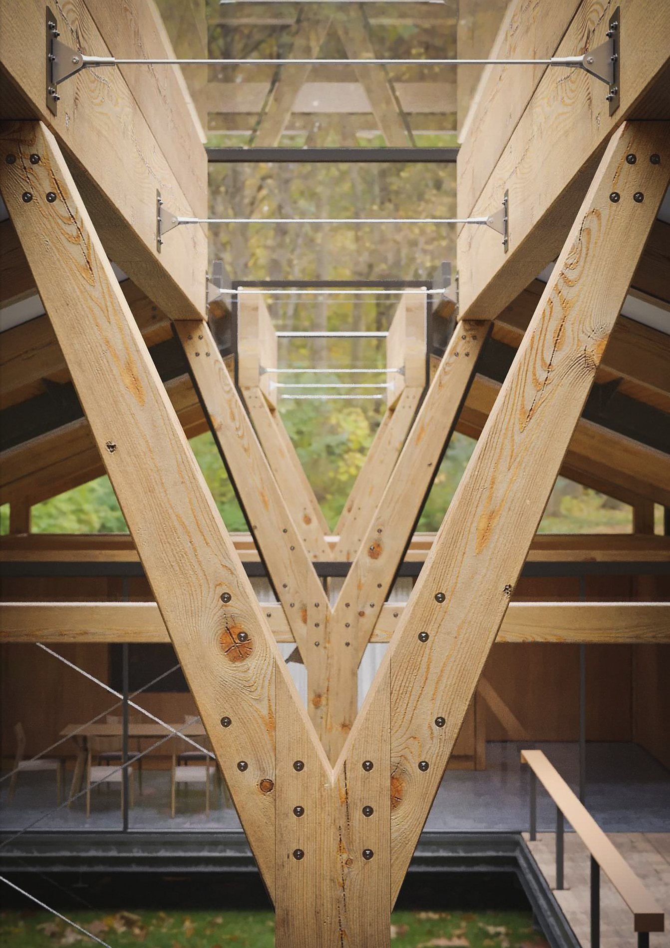 A close-up view of a wooden truss framing inside a house under construction, with metal hardware and support wires, looking upwards toward a window or opening to outside.