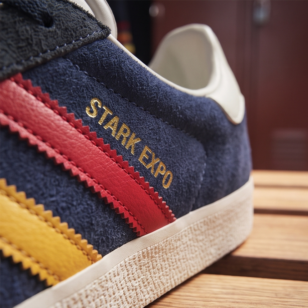 Close-up of a sneaker with the words "STARK EXPO" embroidered on it, featuring red and yellow stripes, on a wooden surface.