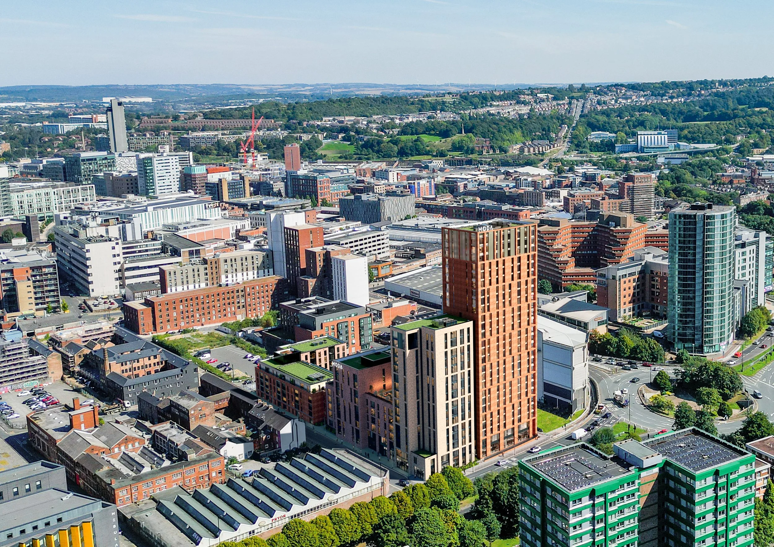 A city skyline featuring various modern high-rise buildings, with lush green hills in the background on a clear, sunny day.